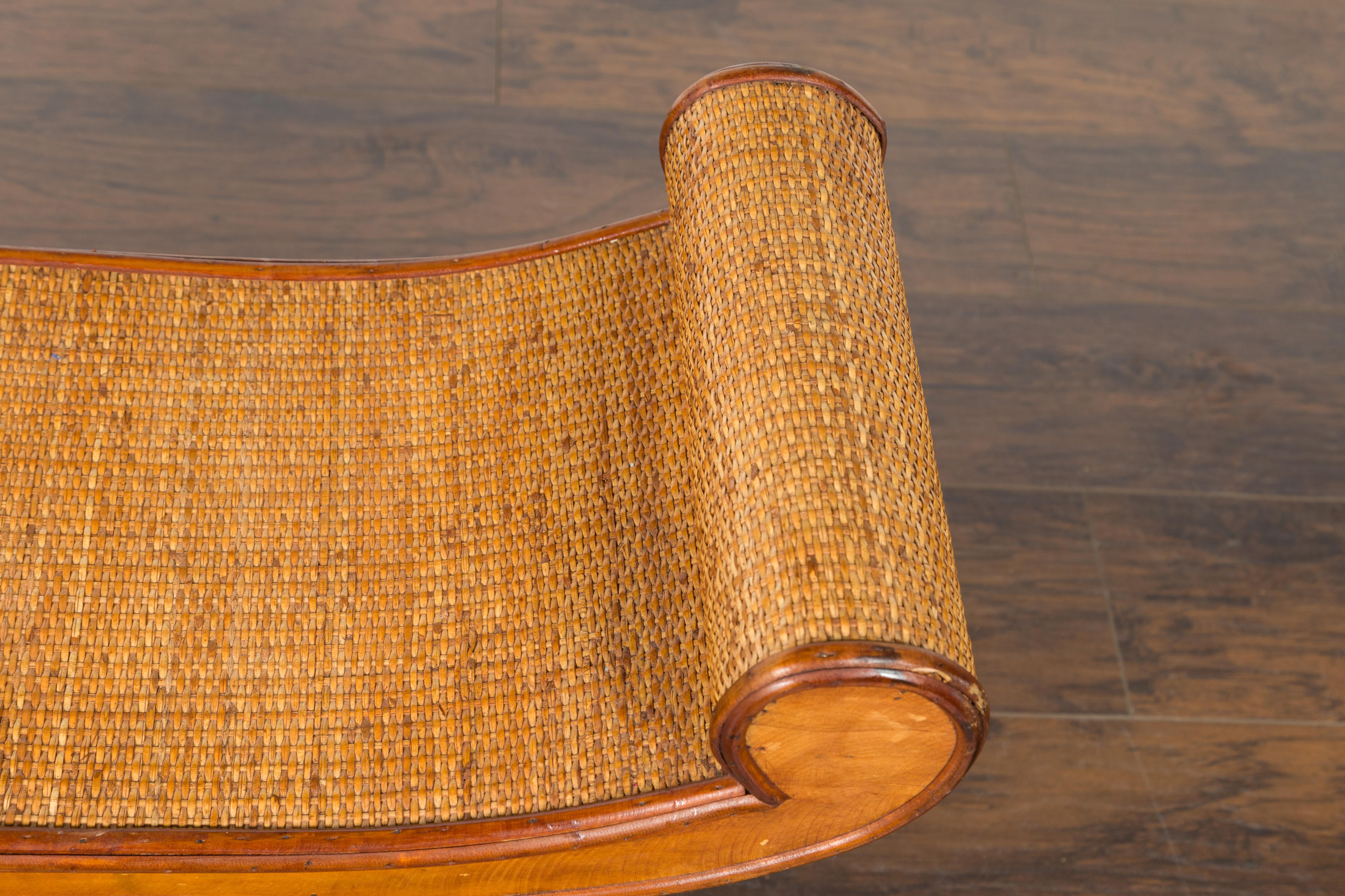 20th Century English 1920s Chinoiserie Inspired Bamboo and Rattan Bench with Scrolling Seat
