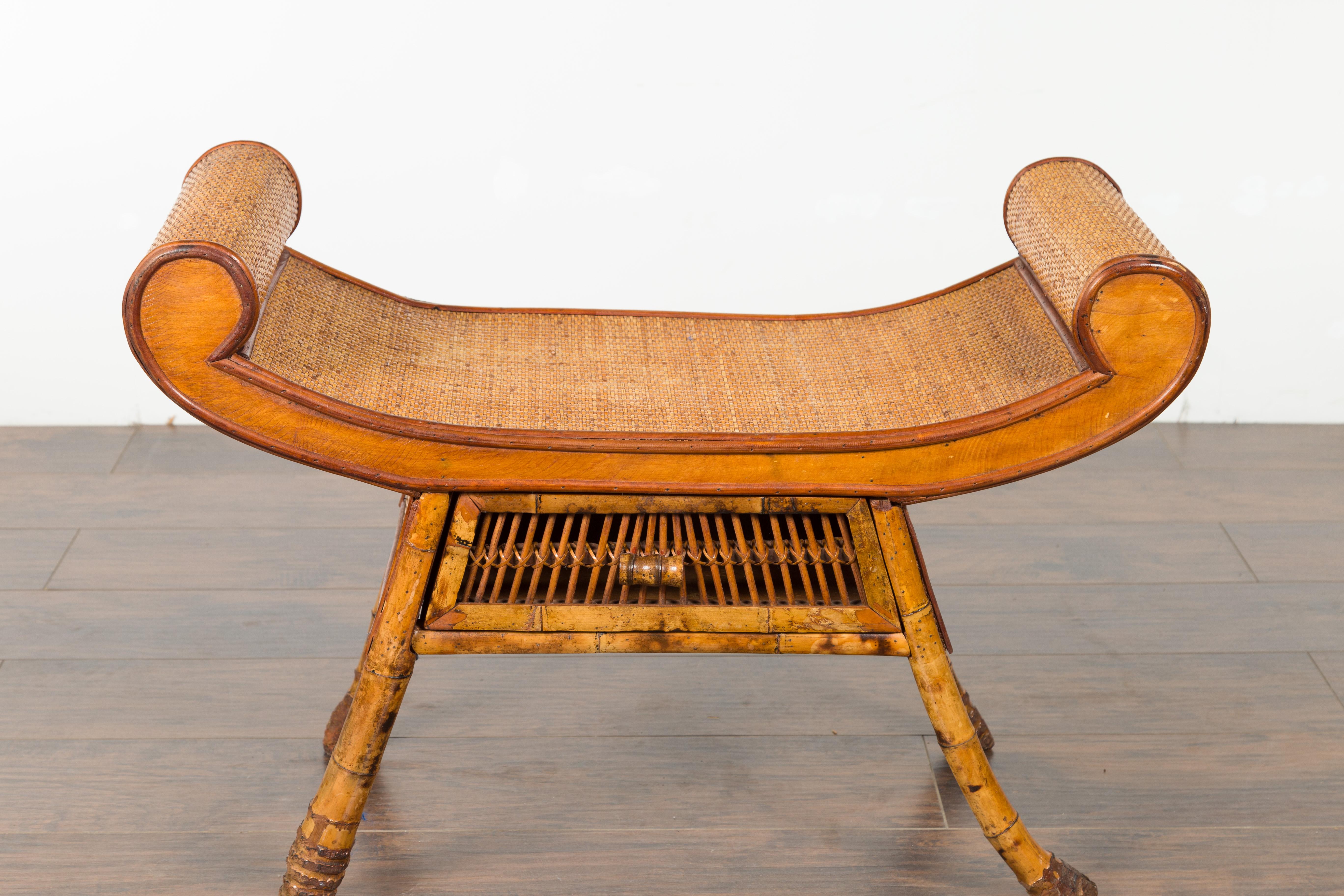 English 1920s Chinoiserie Inspired Bamboo and Rattan Bench with Scrolling Seat 1