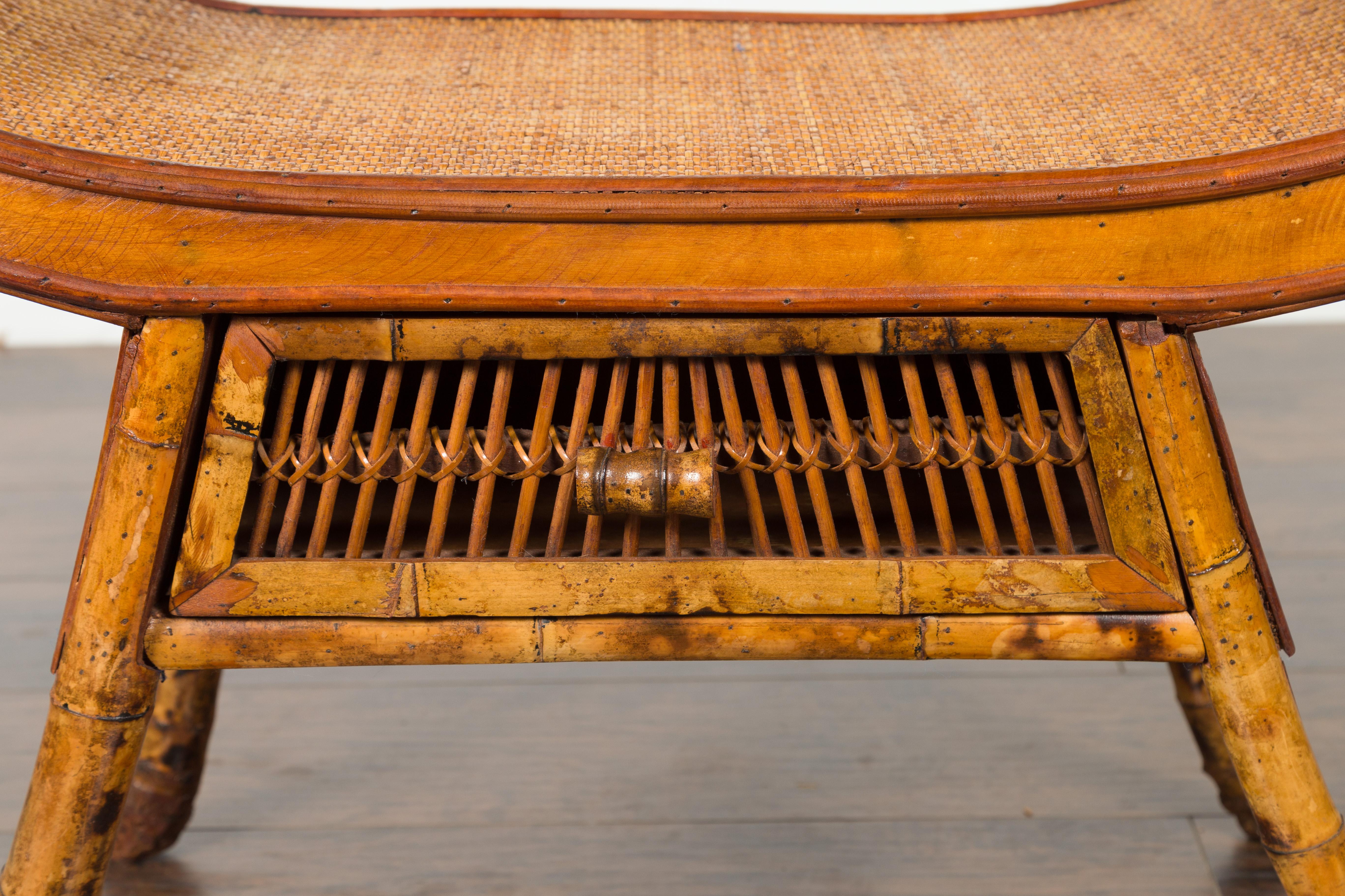 English 1920s Chinoiserie Inspired Bamboo and Rattan Bench with Scrolling Seat 2