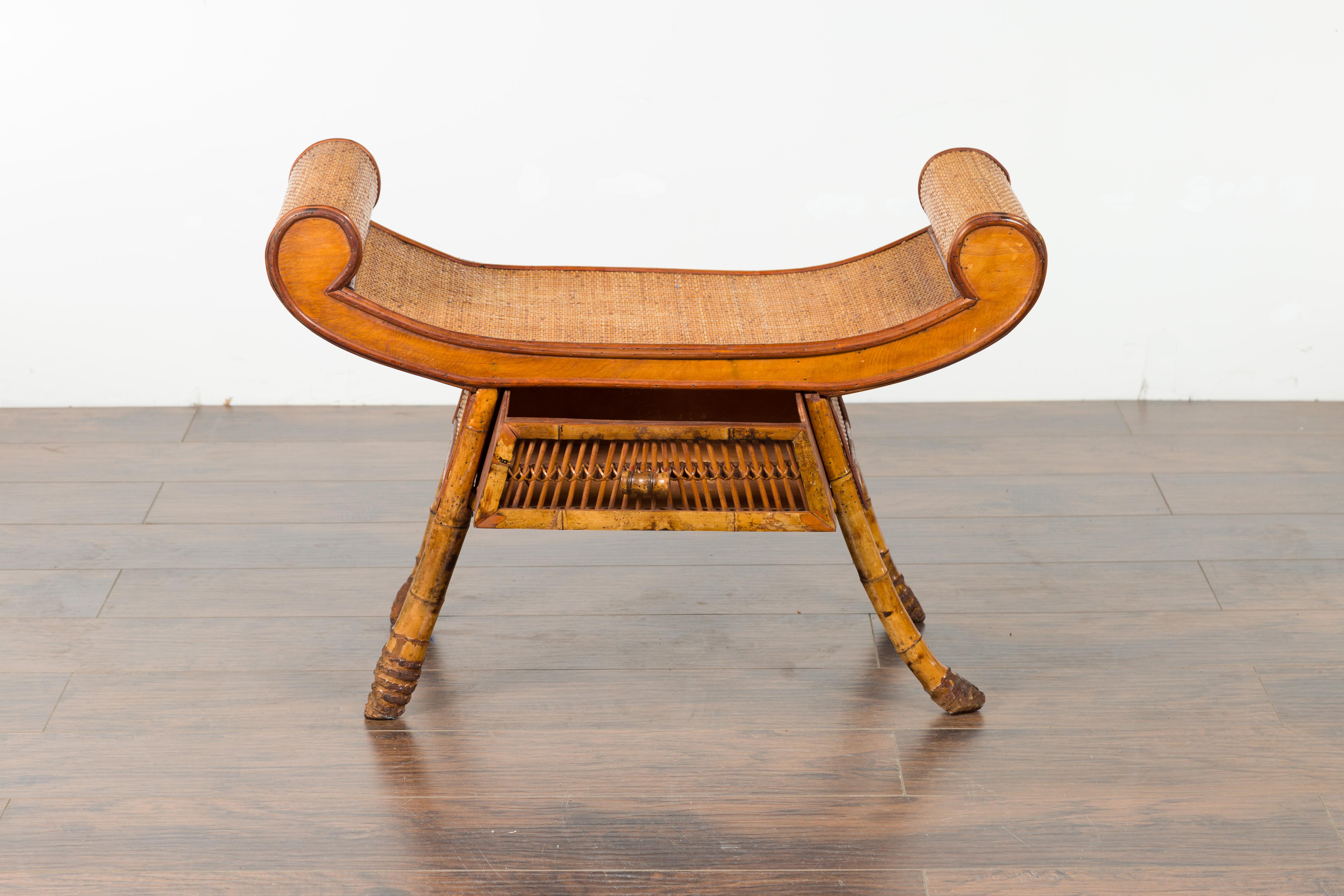 English 1920s Chinoiserie Inspired Bamboo and Rattan Bench with Scrolling Seat 3