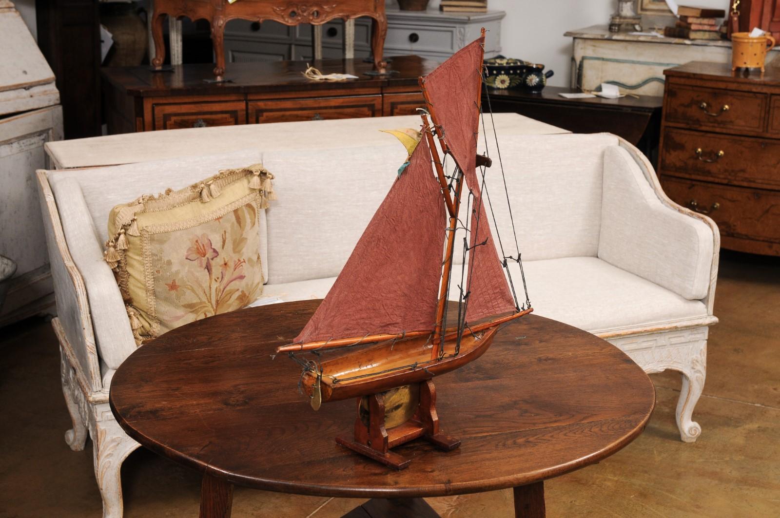 Canvas English 1920s George V Period Gaff Cutter Pond Yacht with Red Sails For Sale