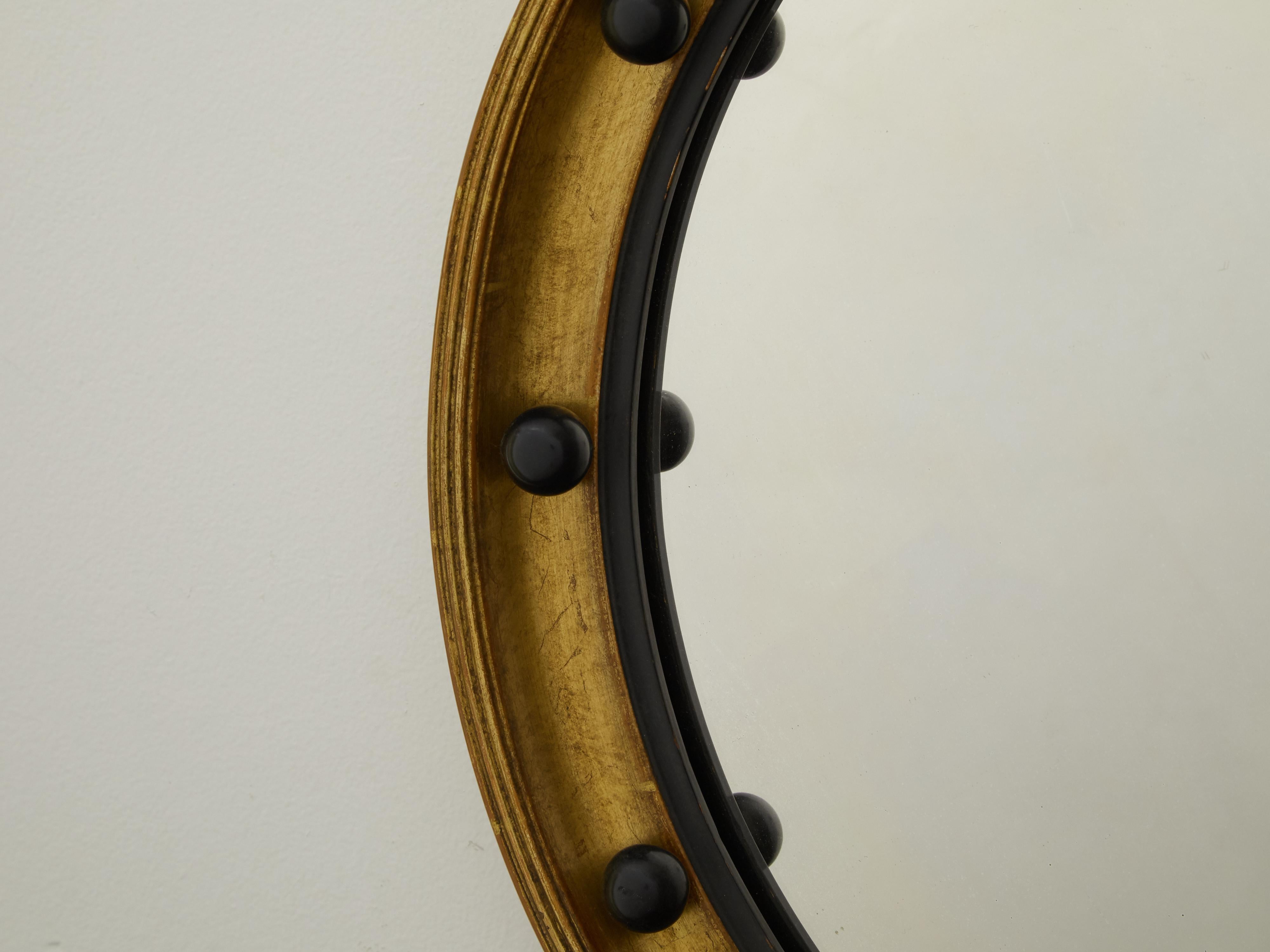 English 1920s Giltwood Convex Bullseye Mirror with Petite Dark Spheres 1