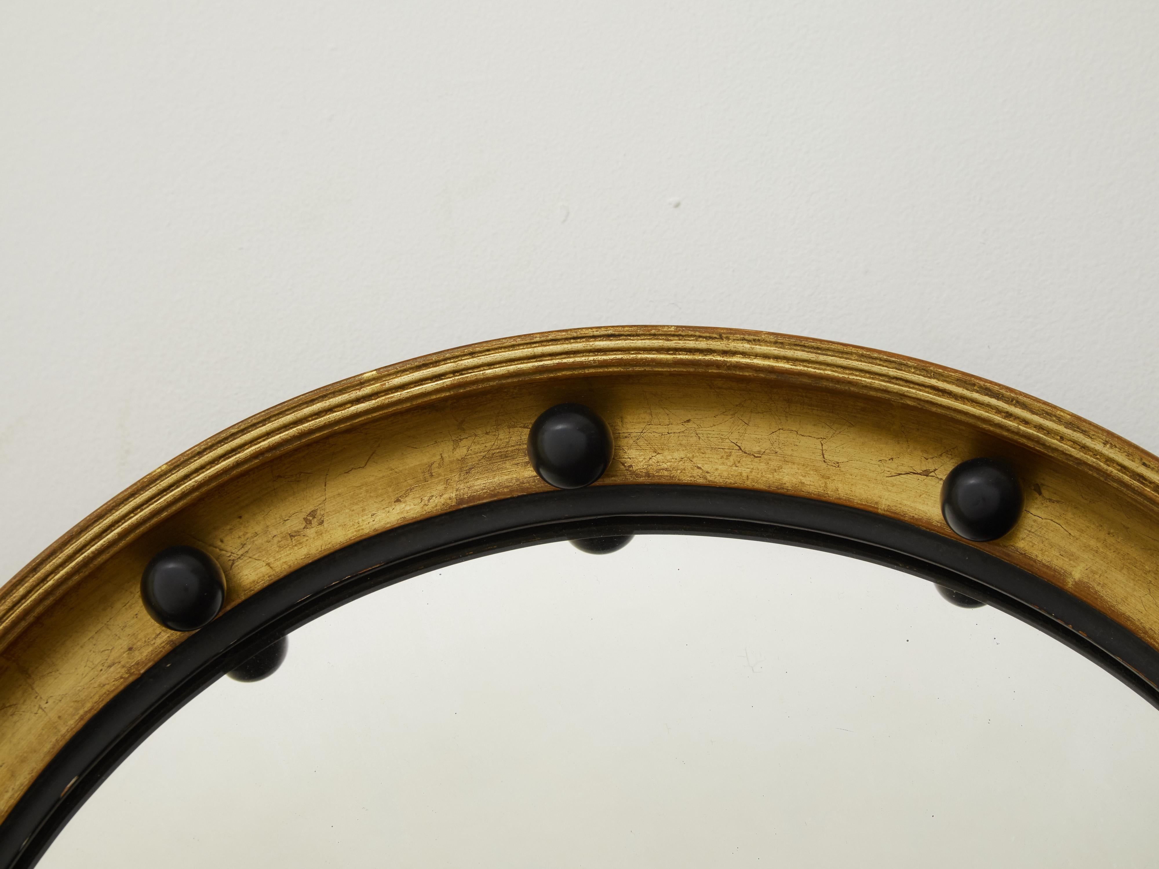 English 1920s Giltwood Convex Bullseye Mirror with Petite Dark Spheres 2