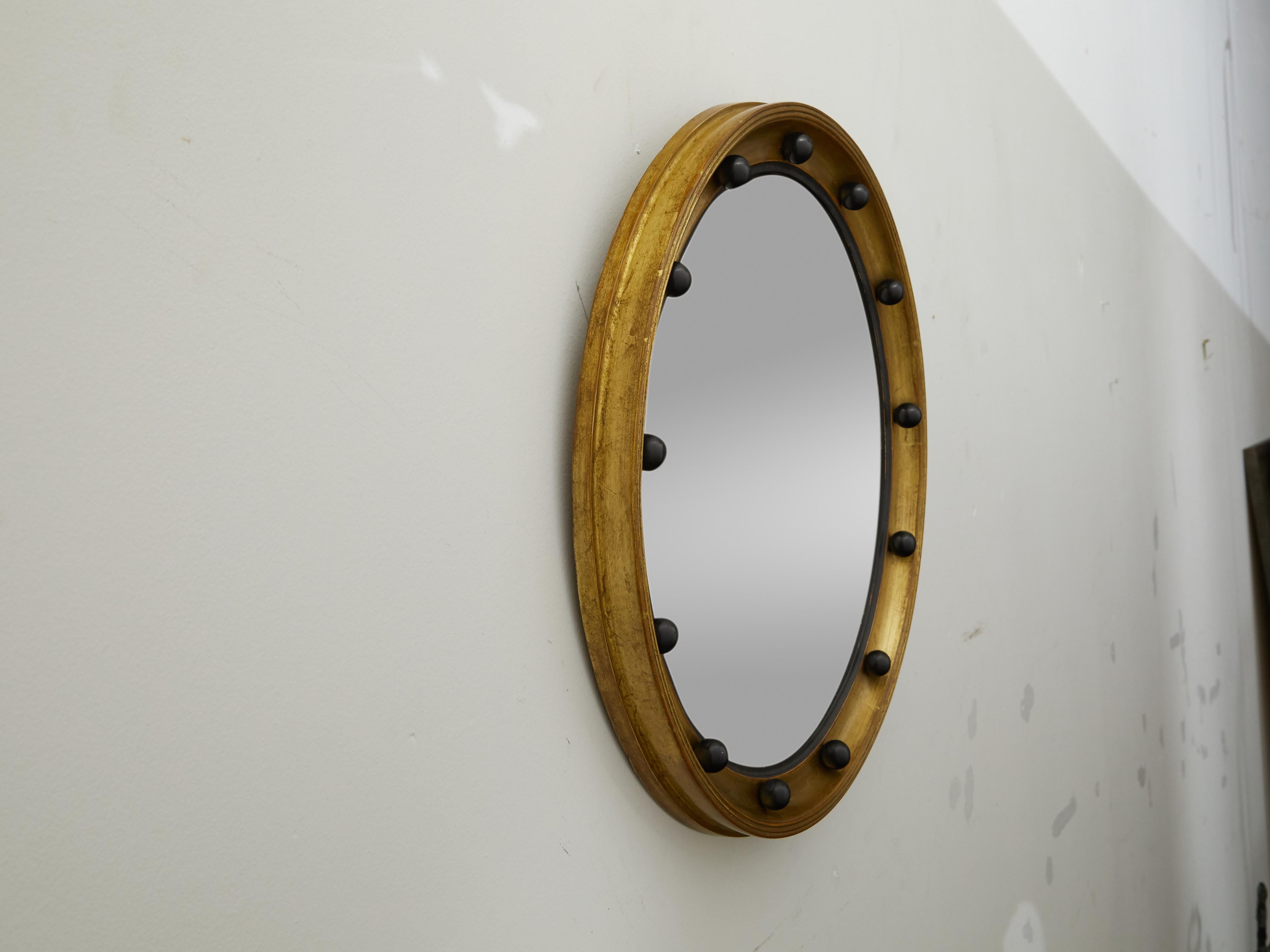 English 1920s Giltwood Convex Bullseye Mirror with Petite Dark Spheres 5