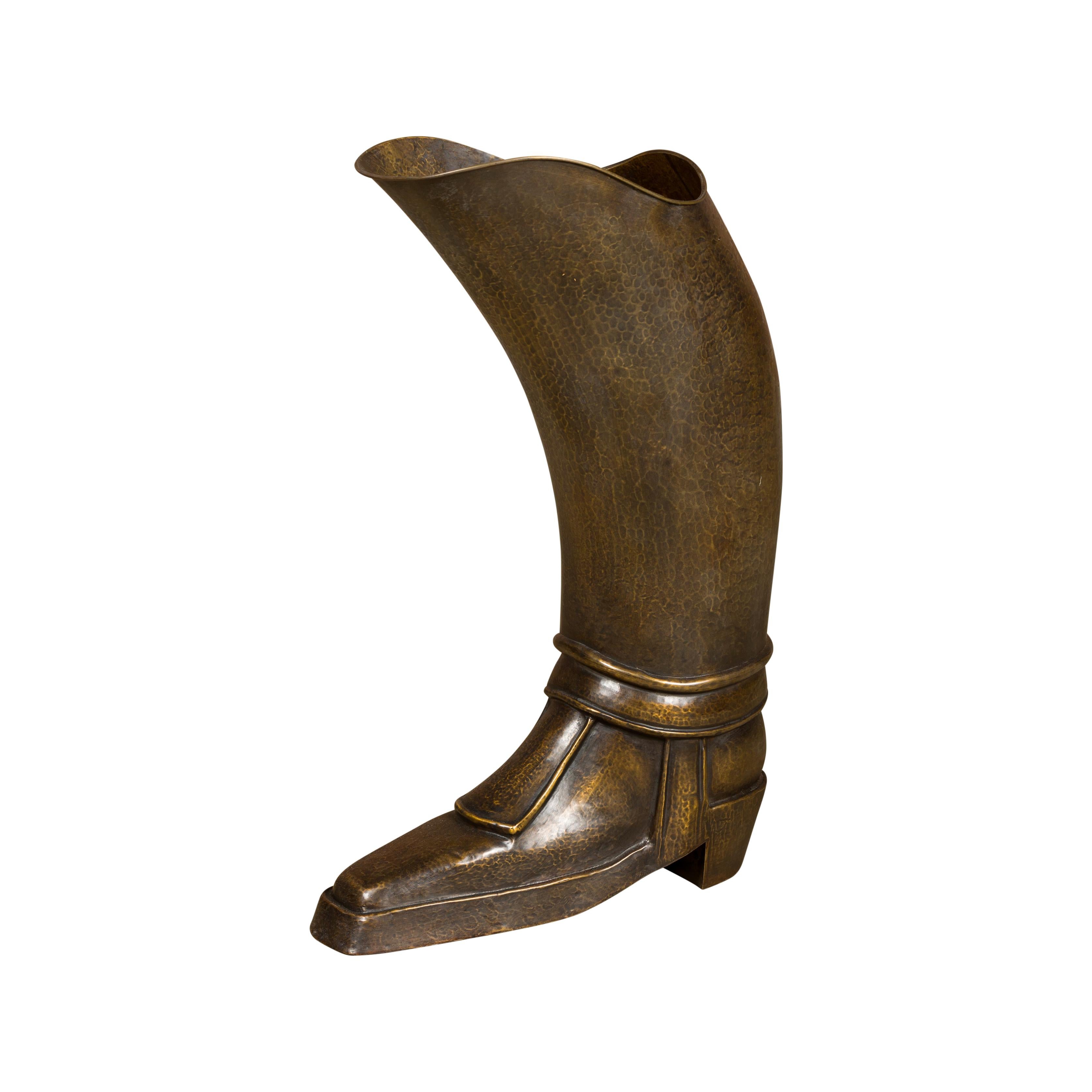 English 1920s Hand-Hammered Copper and Brass Musketeer Boot Umbrella Stand  For Sale 8