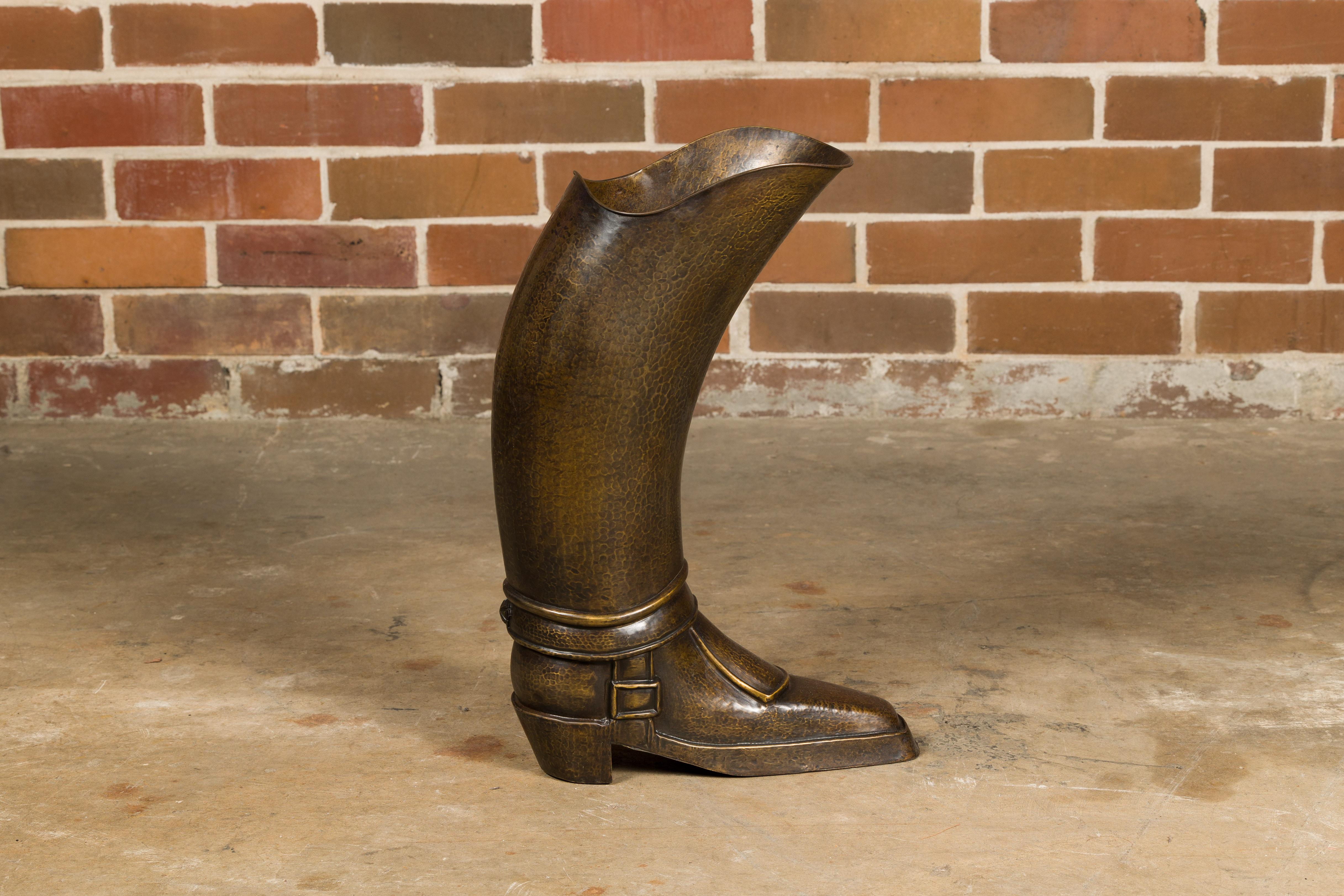 English 1920s Hand-Hammered Copper and Brass Musketeer Boot Umbrella Stand  In Good Condition For Sale In Atlanta, GA