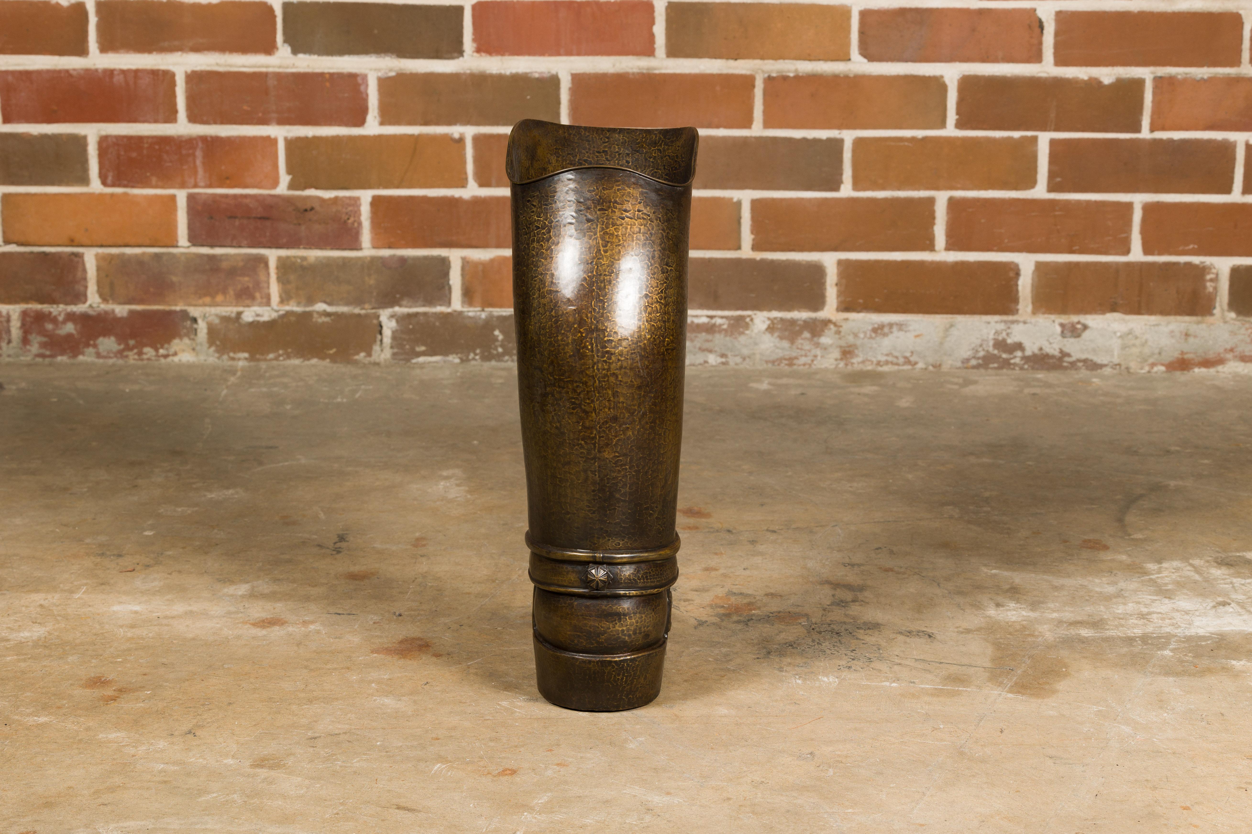20th Century English 1920s Hand-Hammered Copper and Brass Musketeer Boot Umbrella Stand  For Sale