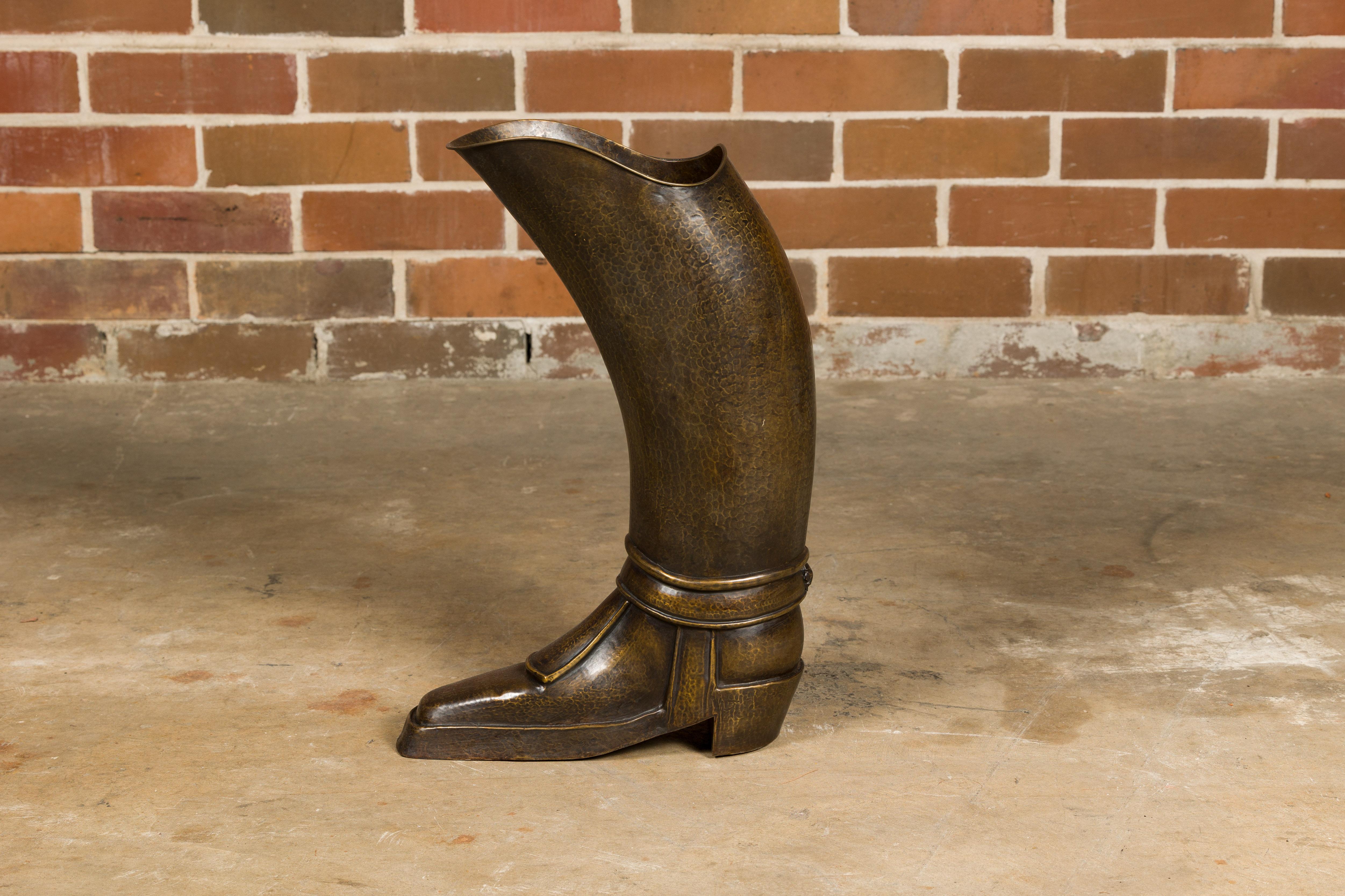 English 1920s Hand-Hammered Copper and Brass Musketeer Boot Umbrella Stand  For Sale 1