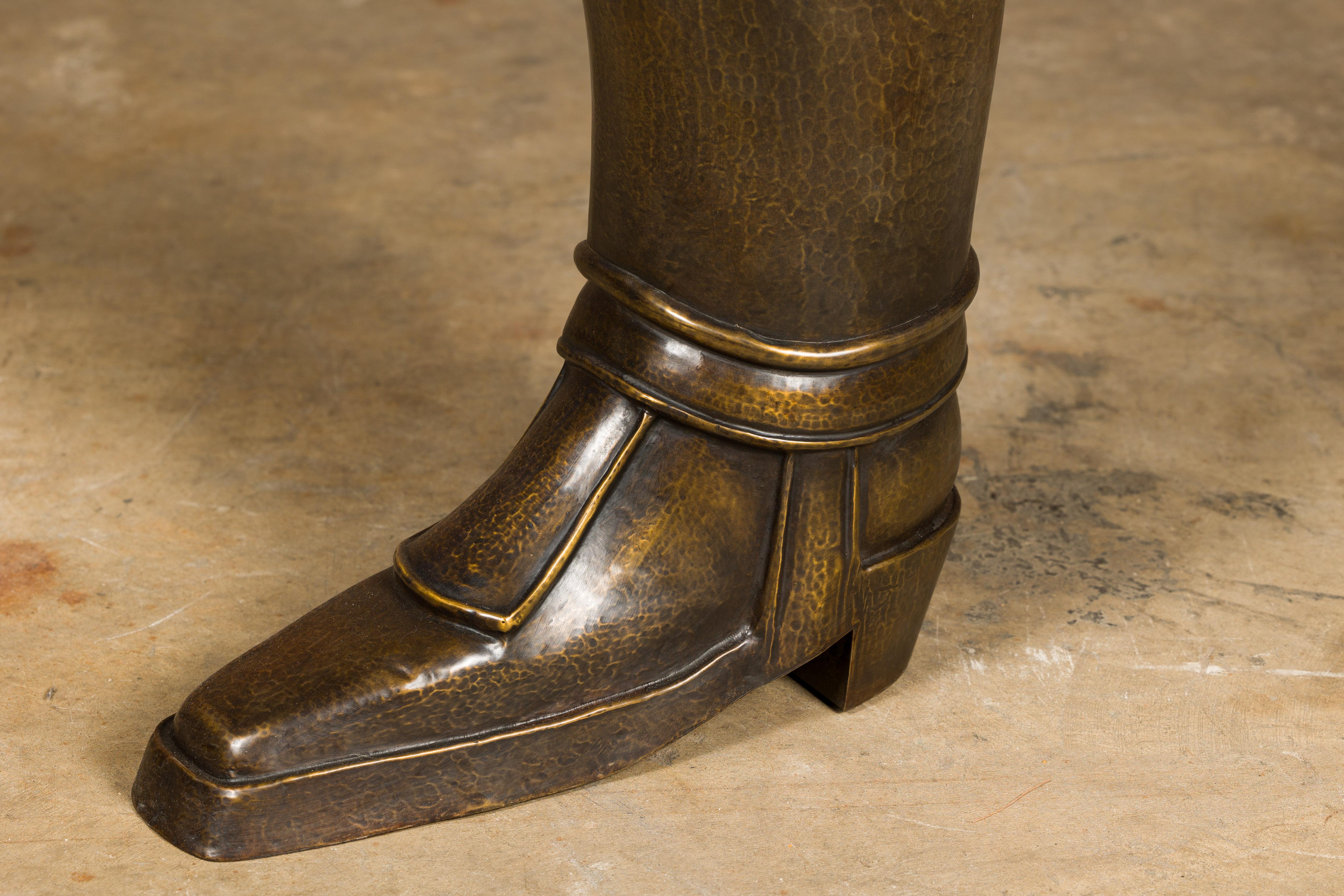 English 1920s Hand-Hammered Copper and Brass Musketeer Boot Umbrella Stand  For Sale 4