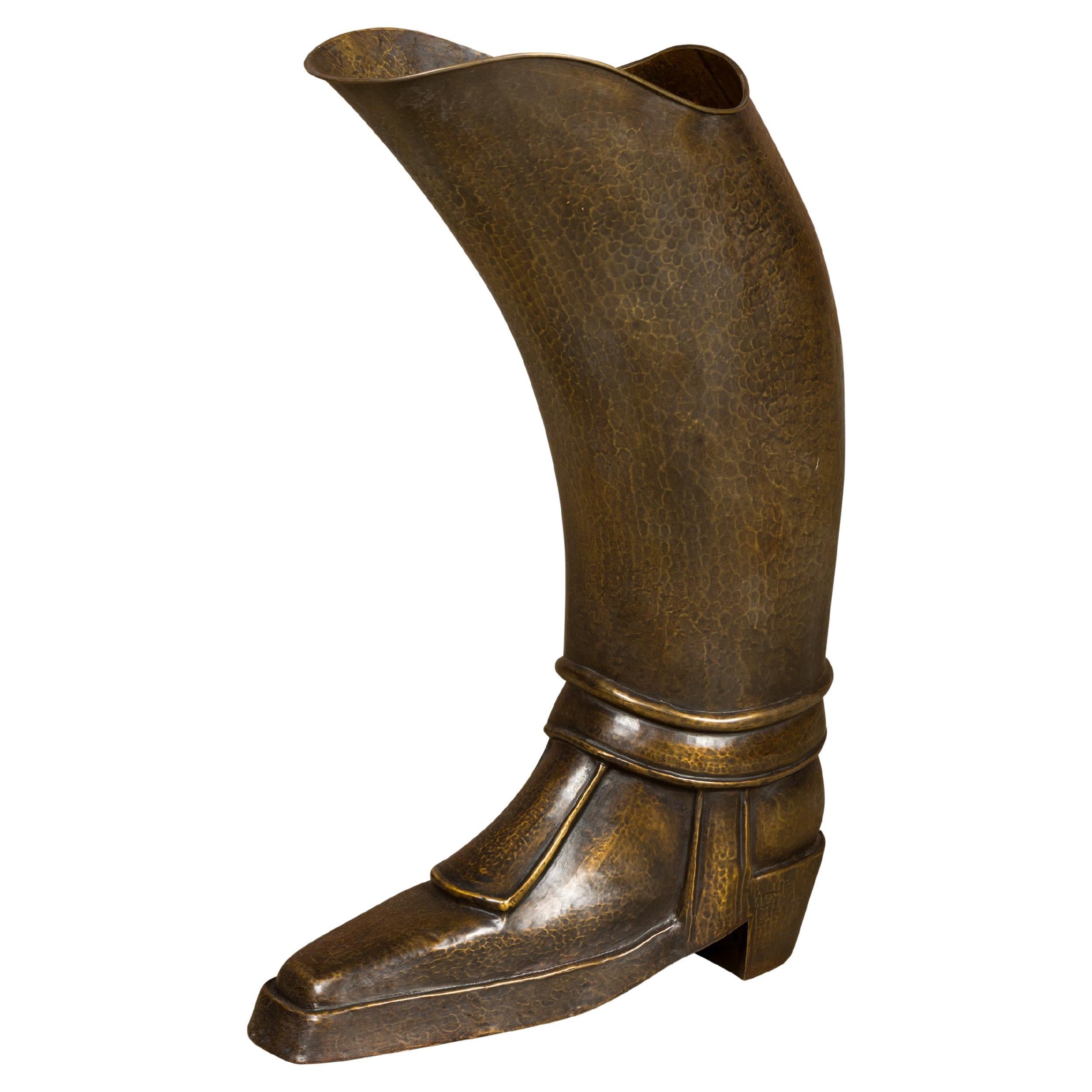 English 1920s Hand-Hammered Copper and Brass Musketeer Boot Umbrella Stand 