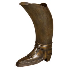 Antique English 1920s Hand-Hammered Copper and Brass Musketeer Boot Umbrella Stand