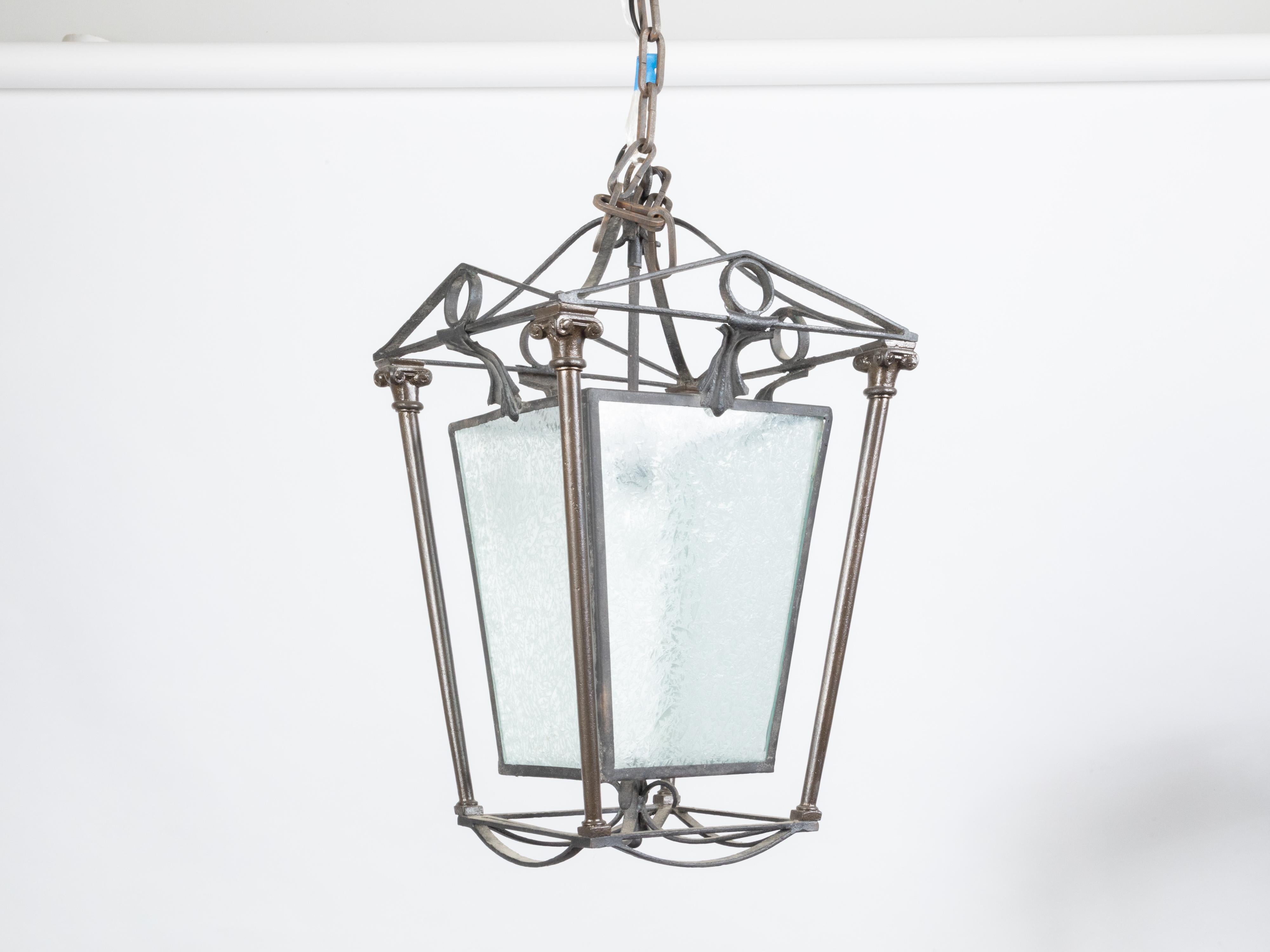 English 1920s Iron and Brass Lantern with Frosted Glass and Ionic Columns For Sale 7