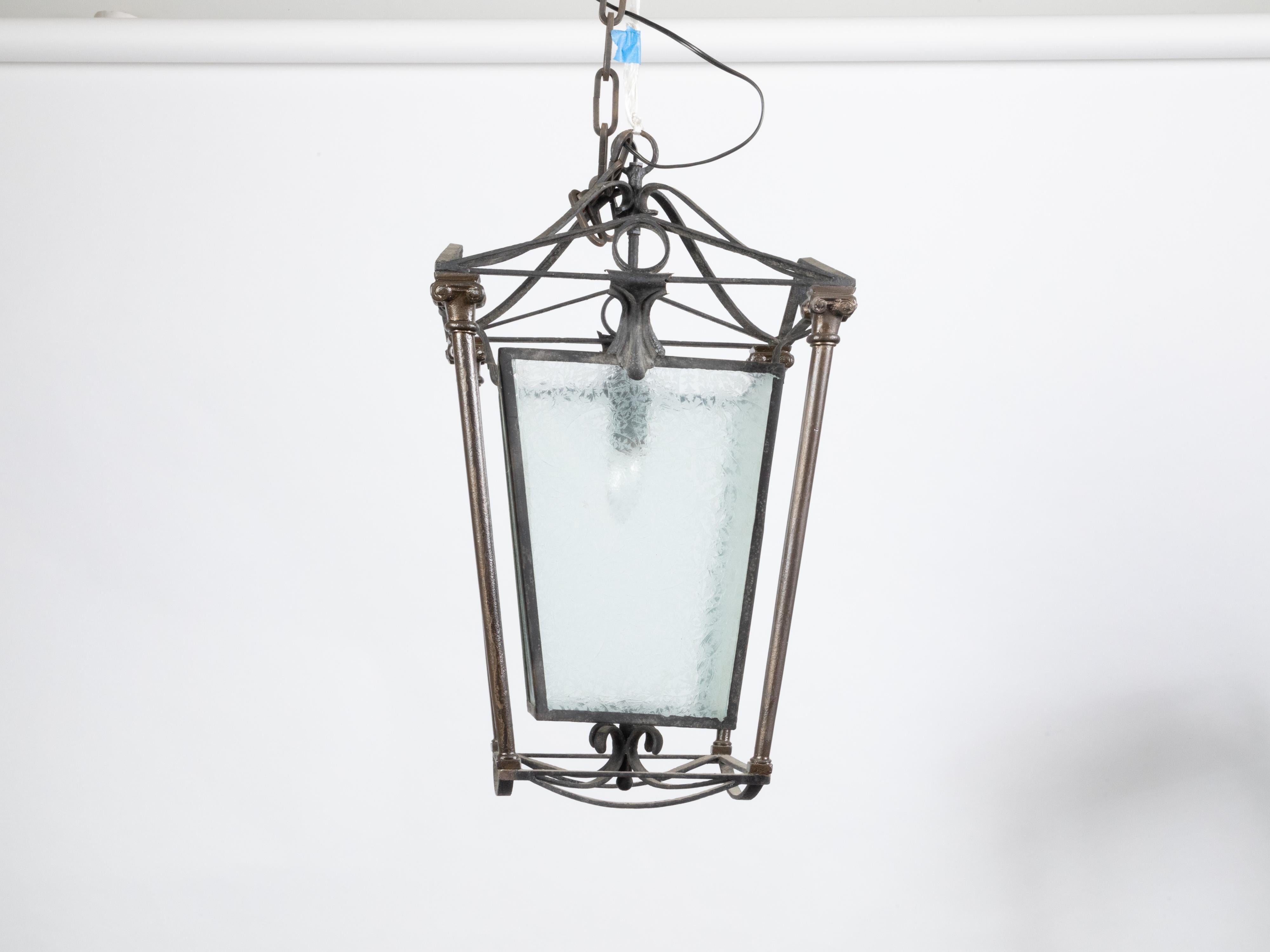 English 1920s Iron and Brass Lantern with Frosted Glass and Ionic Columns For Sale 9