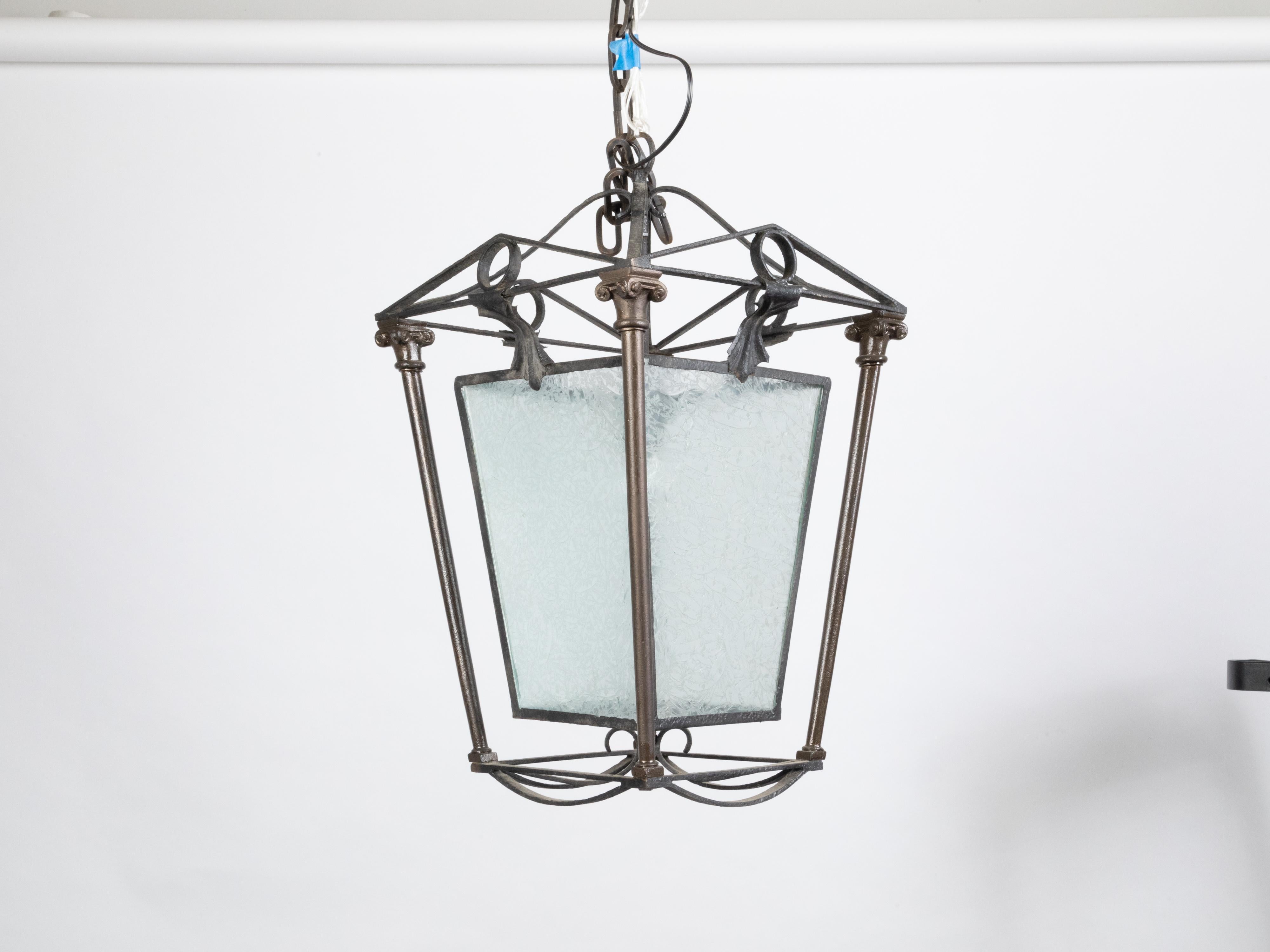 English 1920s Iron and Brass Lantern with Frosted Glass and Ionic Columns For Sale 10
