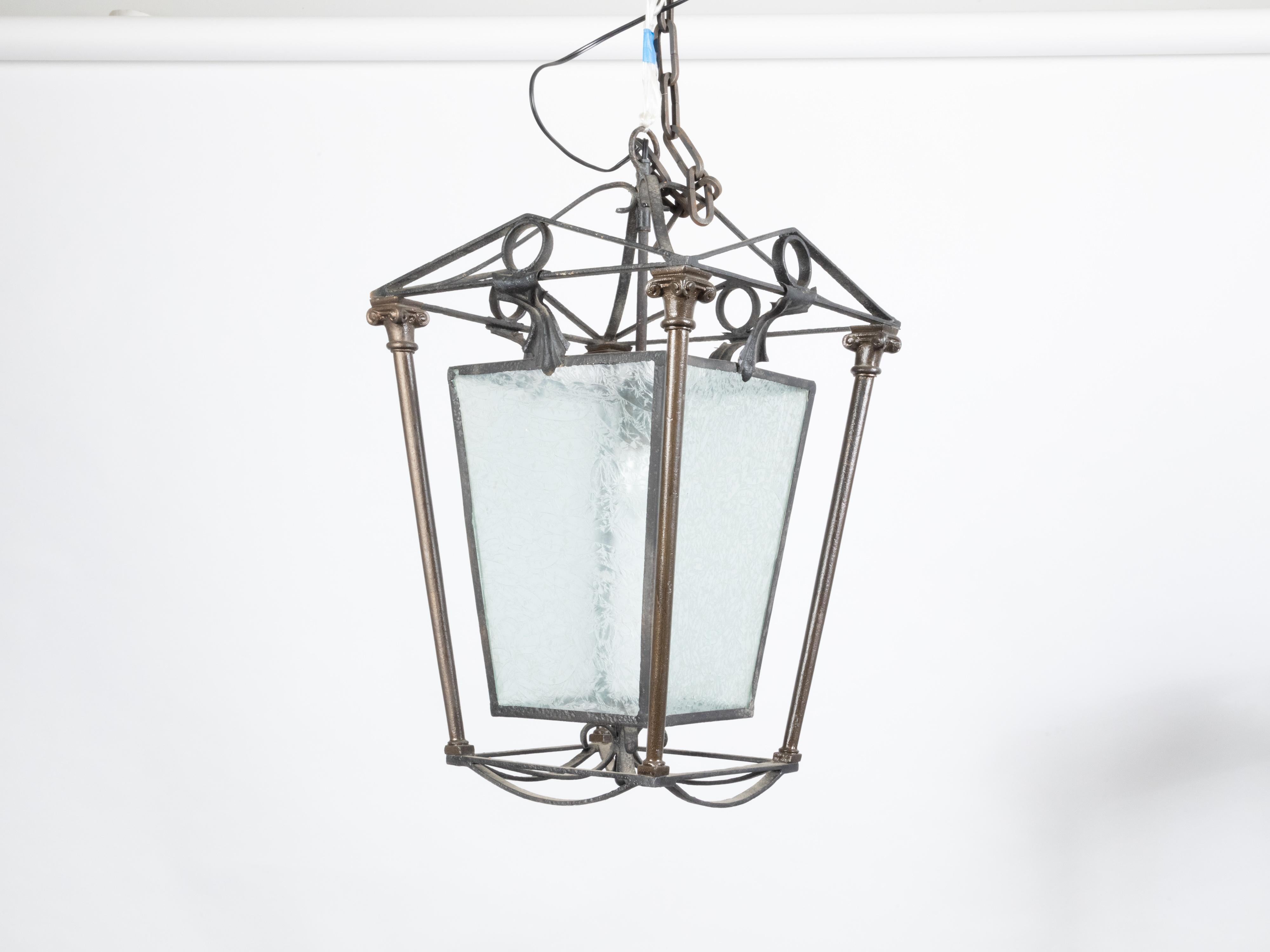 English 1920s Iron and Brass Lantern with Frosted Glass and Ionic Columns For Sale 11