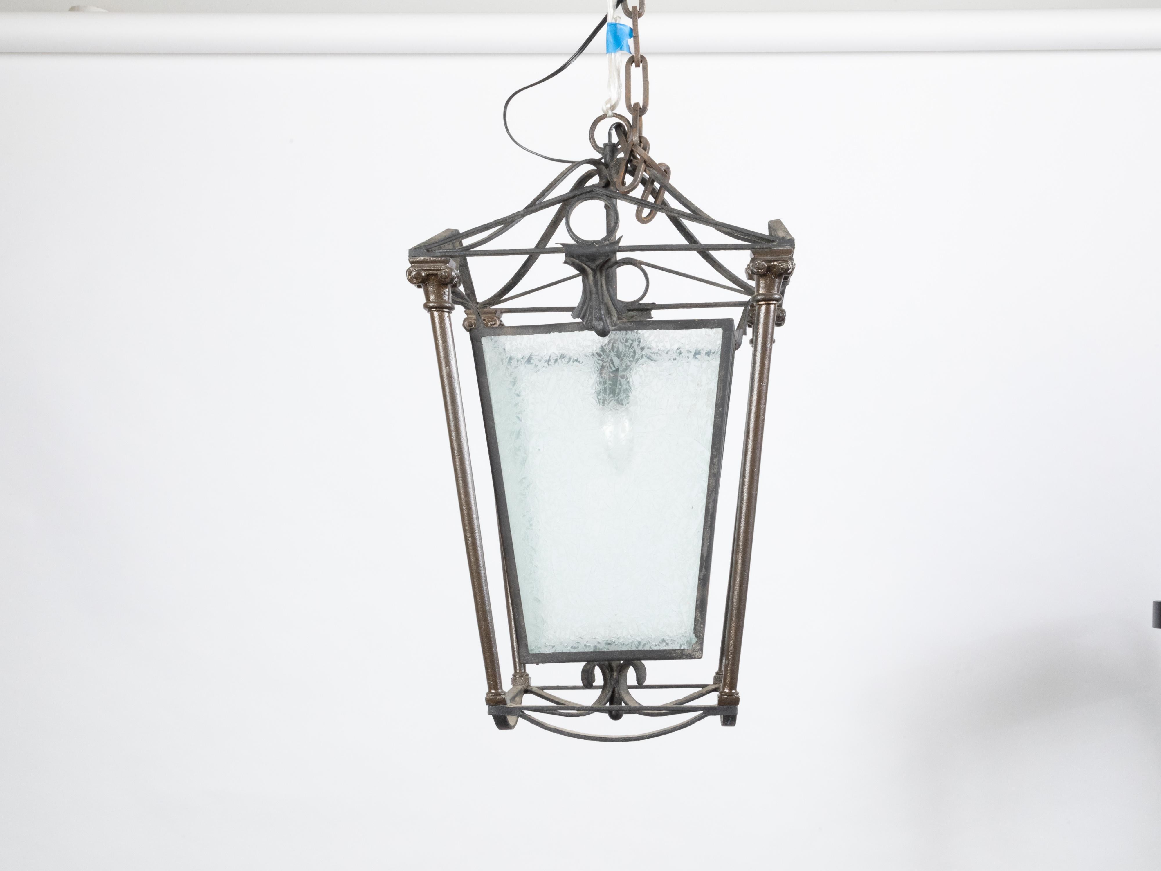 English 1920s Iron and Brass Lantern with Frosted Glass and Ionic Columns For Sale 12