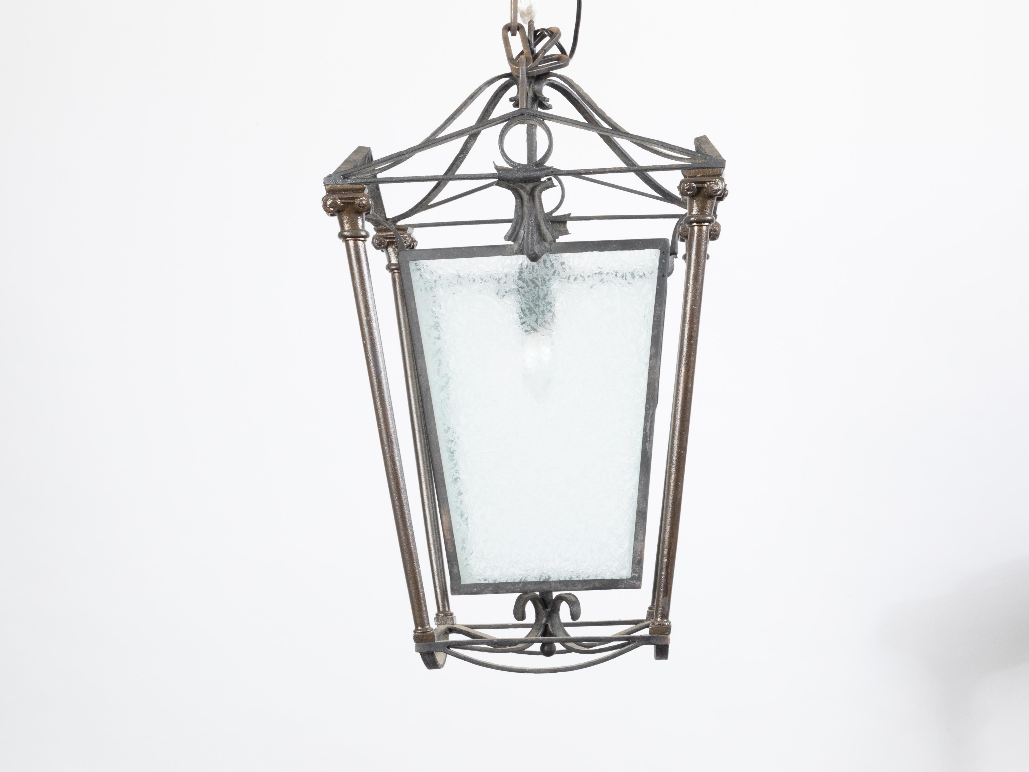 English 1920s Iron and Brass Lantern with Frosted Glass and Ionic Columns In Good Condition For Sale In Atlanta, GA