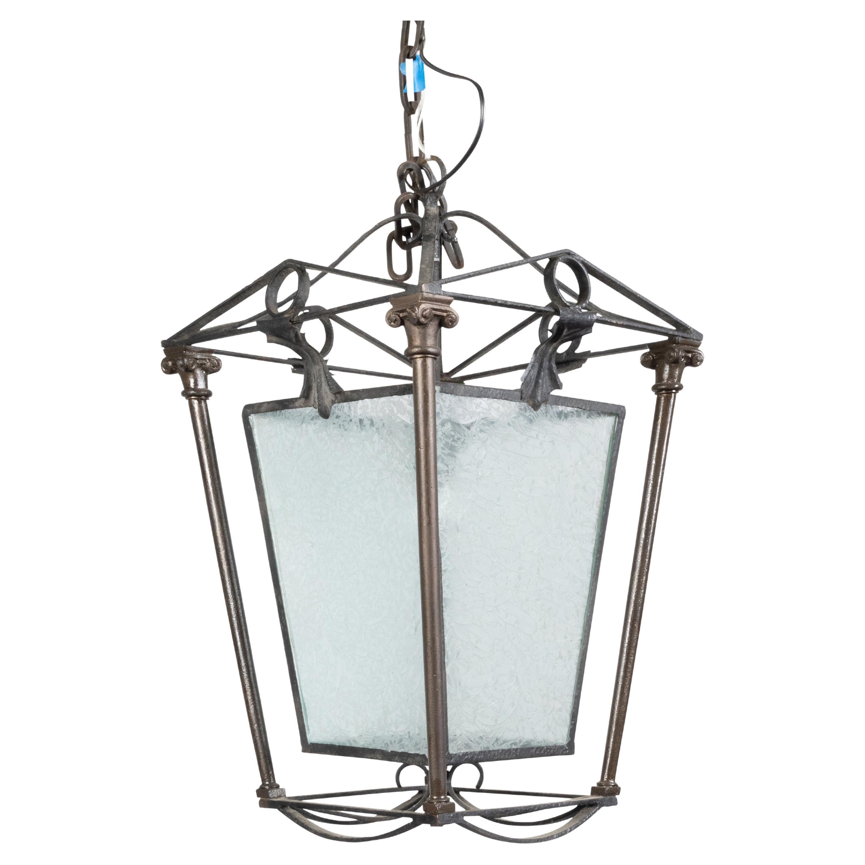 English 1920s Iron and Brass Lantern with Frosted Glass and Ionic Columns For Sale