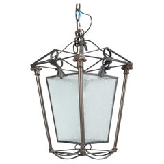 English 1920s Iron and Brass Lantern with Frosted Glass and Ionic Columns
