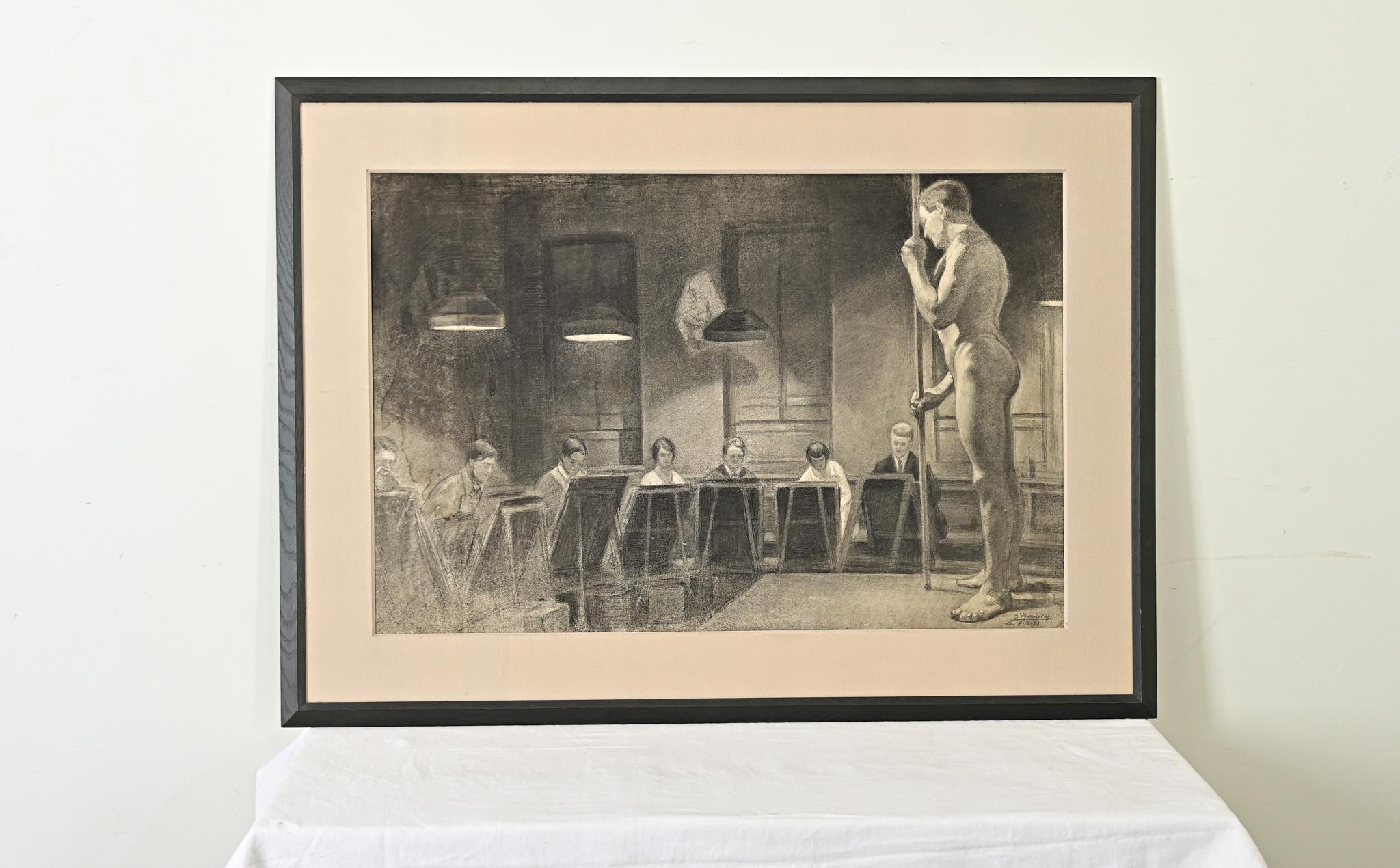 Dibujo a carboncillo inglés de gran tamaño de los años 20 Art Decó en venta