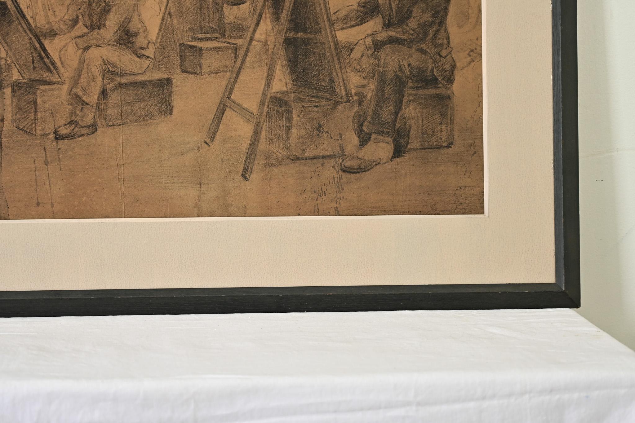 Inglese Disegno di vita a carboncino di grandi dimensioni degli anni '20 in vendita