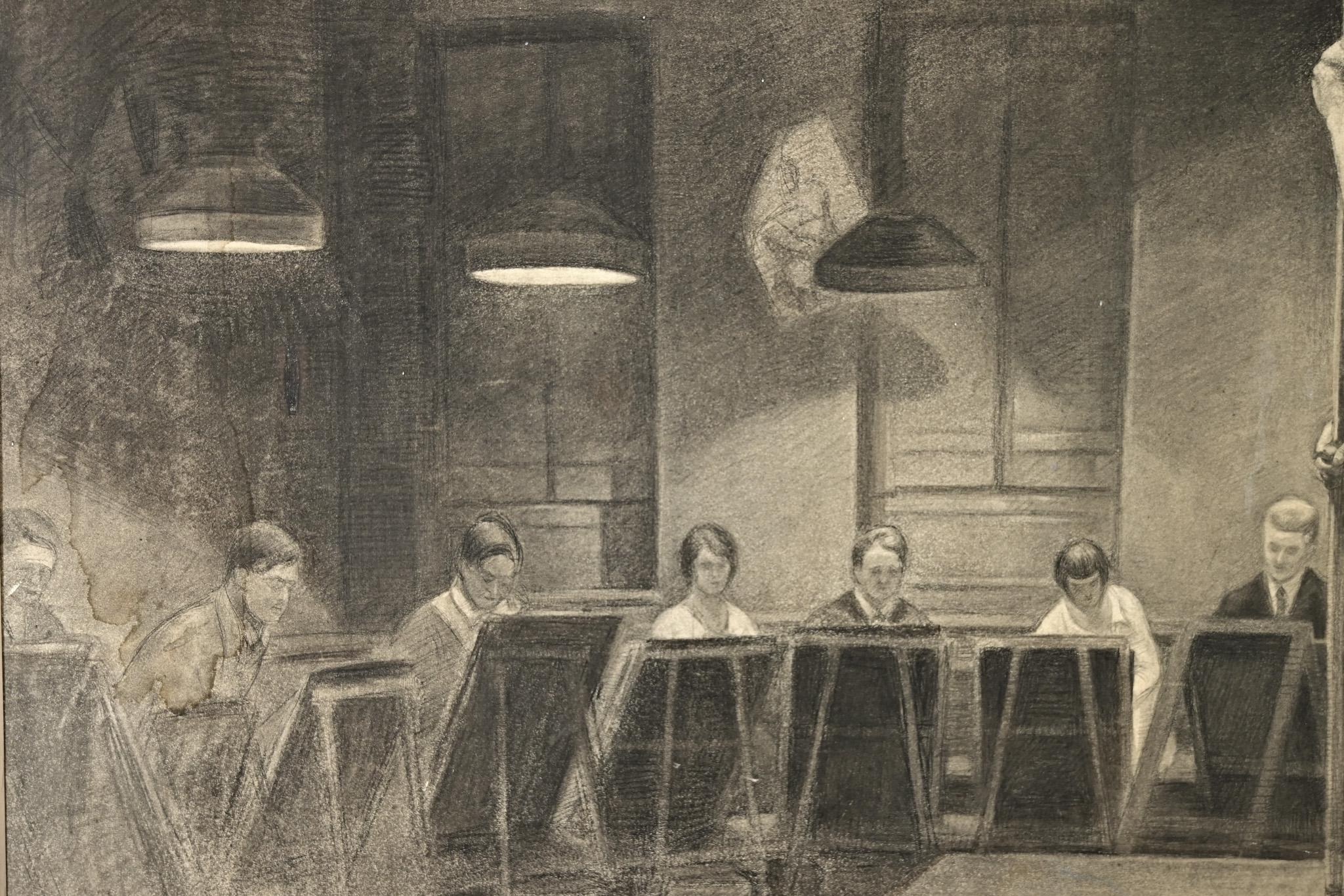 Dibujo a carboncillo inglés de gran tamaño de los años 20 siglo XX en venta