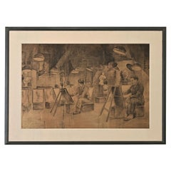 Grand dessin au fusain anglais des années 1920