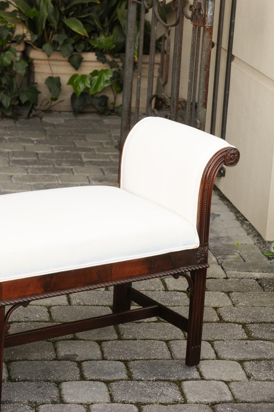 Upholstery English 1920s Mahogany Upholstered Bench with Out-Scrolling Arms and Rosettes