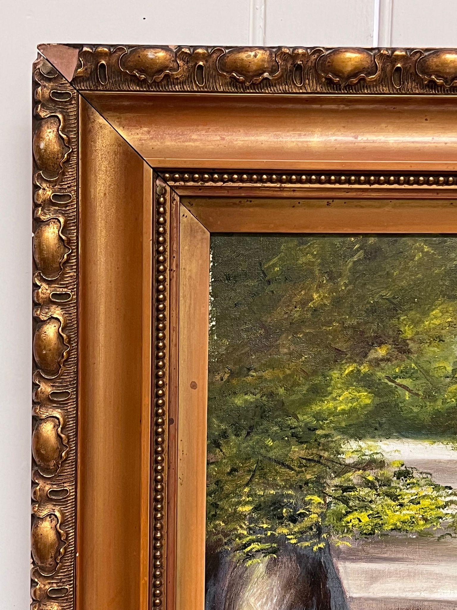 Large Antique English Dog Oil Painting with Kitten Signed & Dated 1927 framed For Sale 11