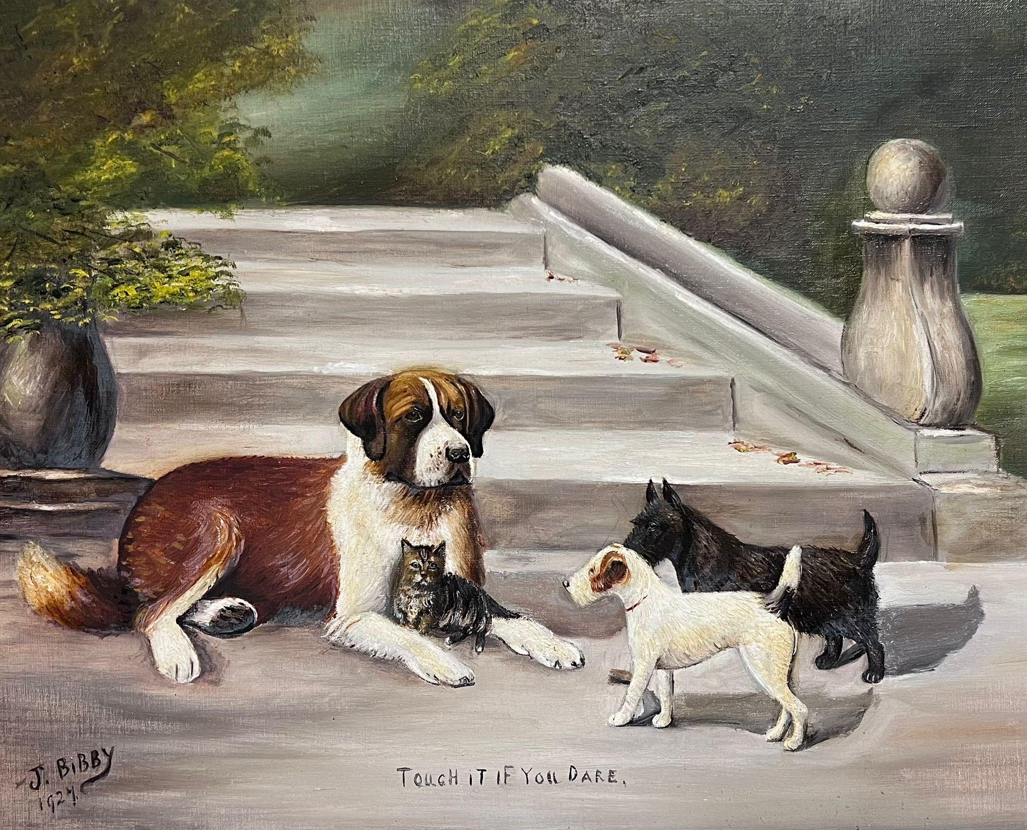 Large Antique English Dog Oil Painting with Kitten Signed & Dated 1927 framed - Brown Animal Painting by English 1920's