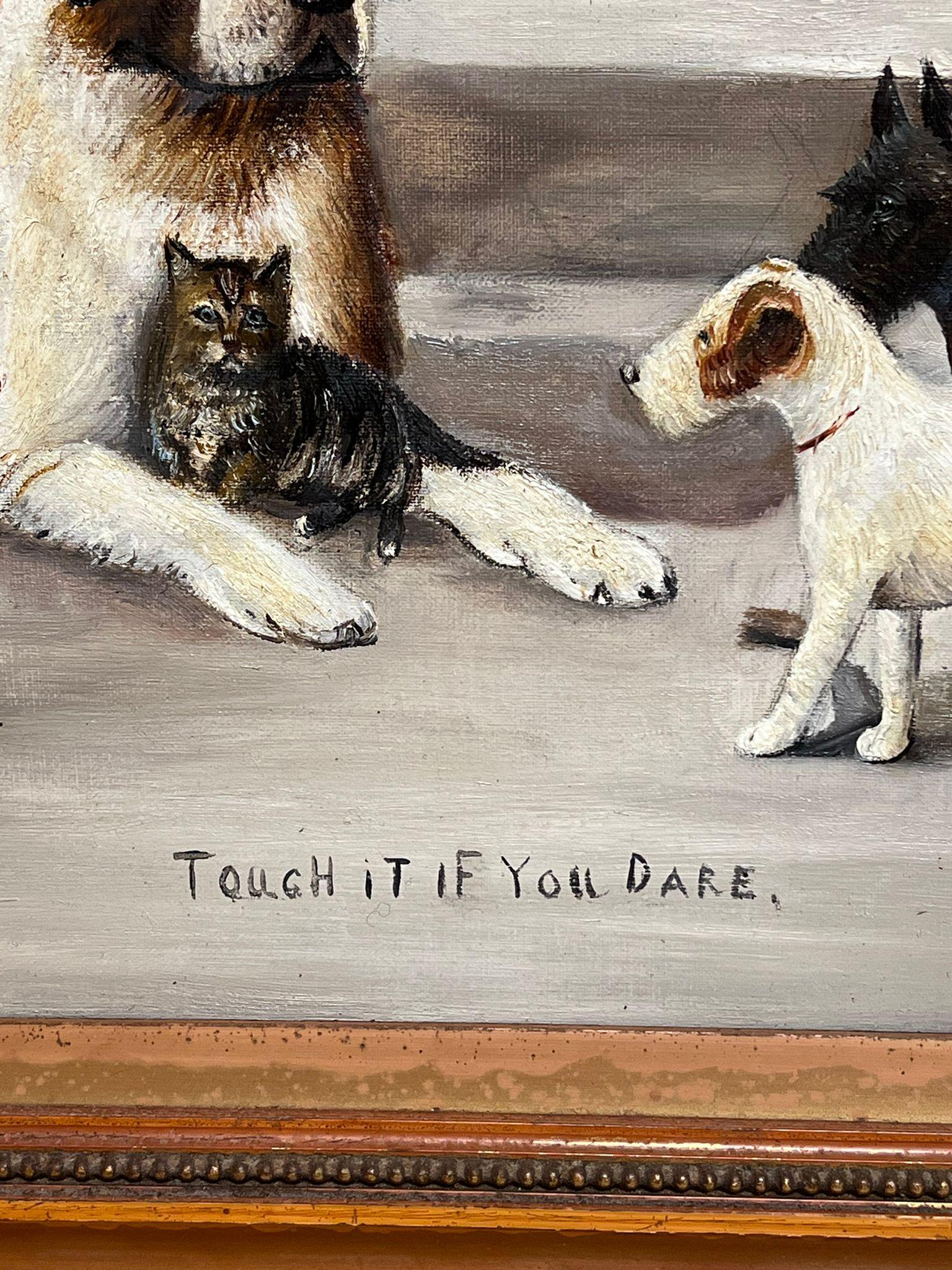 Large Antique English Dog Oil Painting with Kitten Signed & Dated 1927 framed For Sale 1