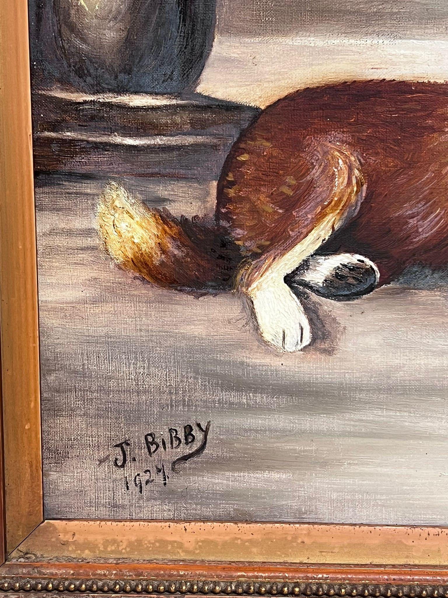 Large Antique English Dog Oil Painting with Kitten Signed & Dated 1927 framed For Sale 2