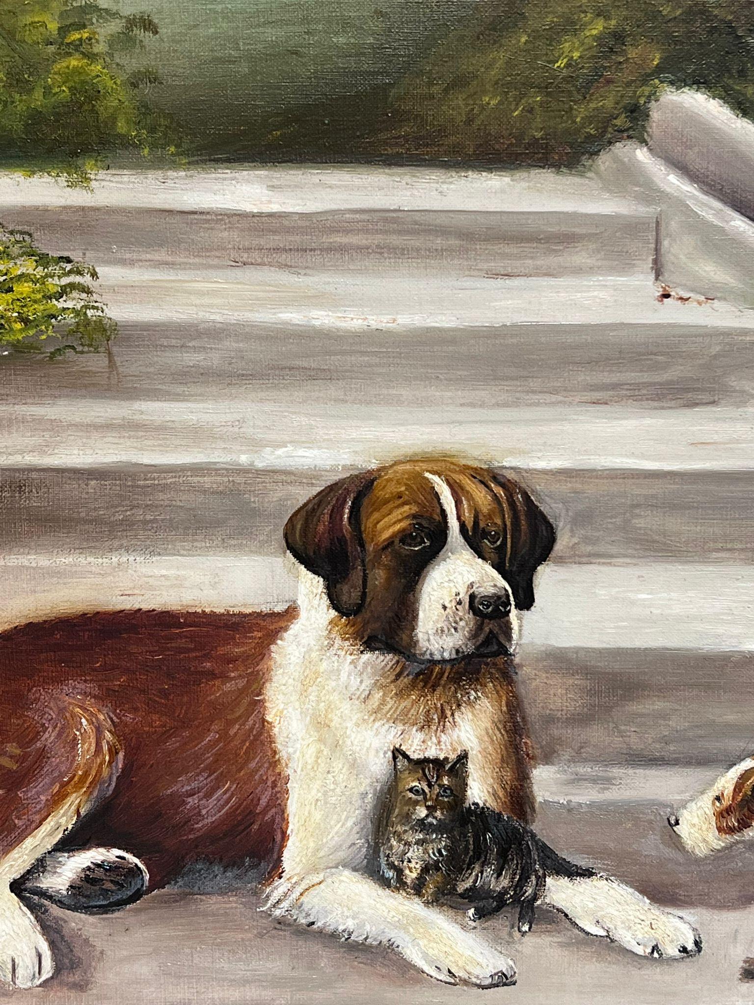 Large Antique English Dog Oil Painting with Kitten Signed & Dated 1927 framed For Sale 4