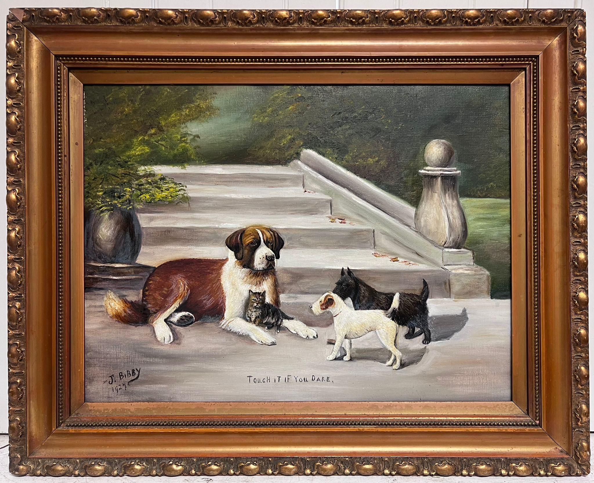 Large Antique English Dog Oil Painting with Kitten Signed & Dated 1927 framed