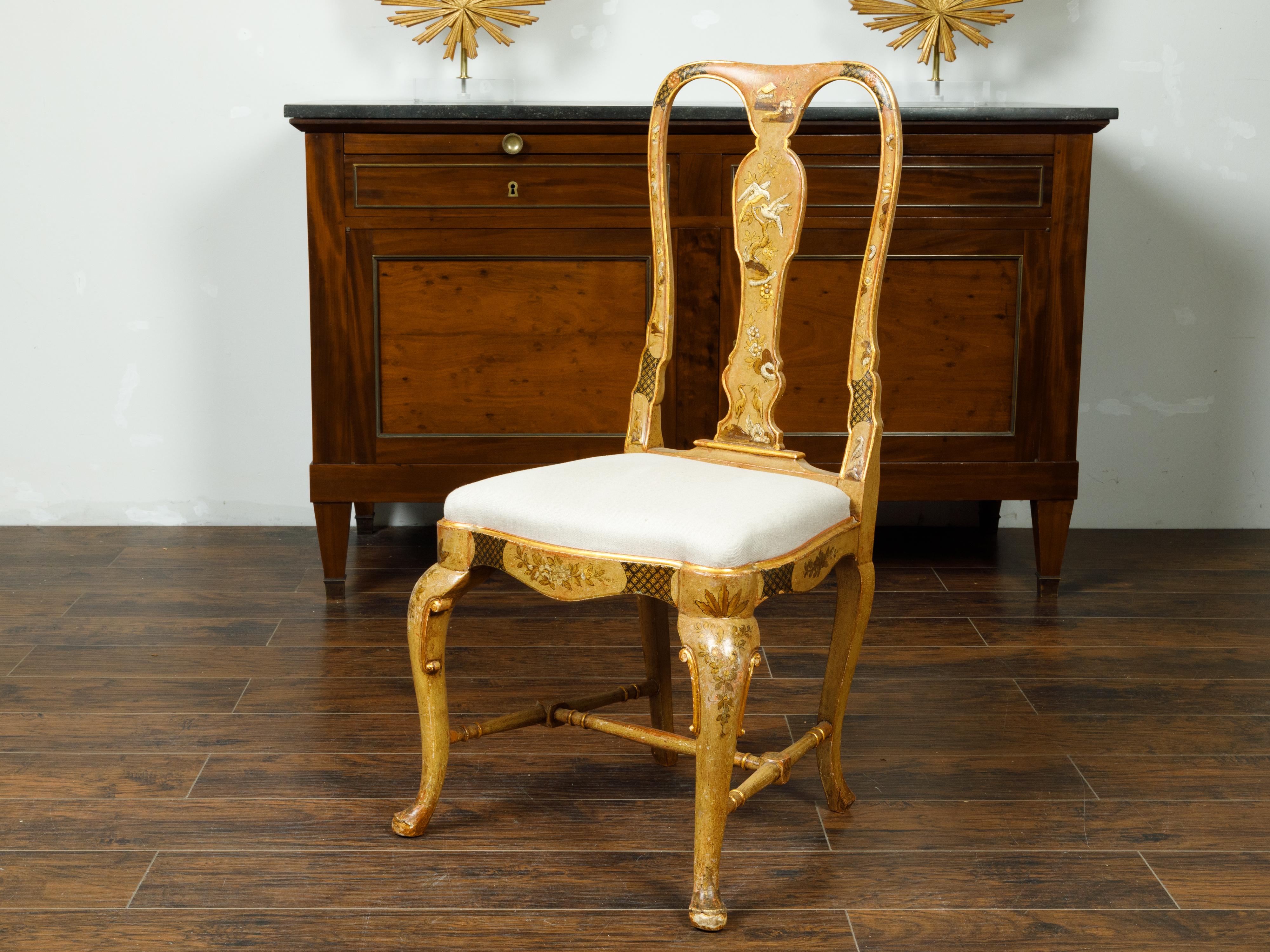 Upholstery English 1920s Queen Anne Style Side Chair with Painted Birds, Trees and Flowers For Sale