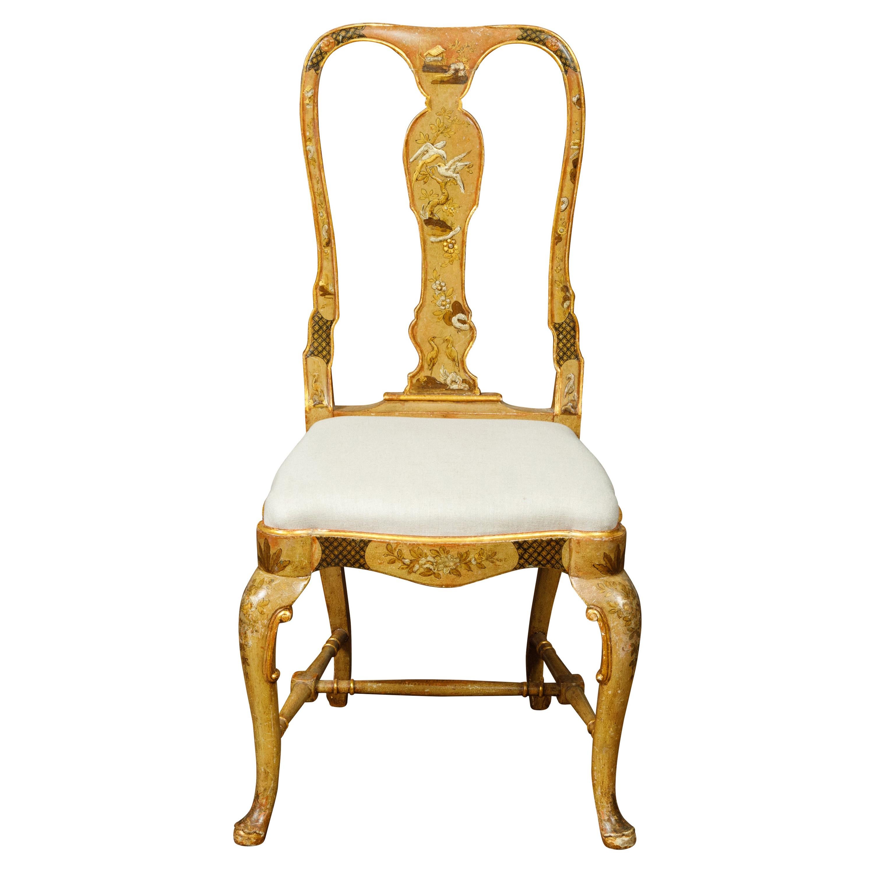 English 1920s Queen Anne Style Side Chair with Painted Birds, Trees and Flowers For Sale