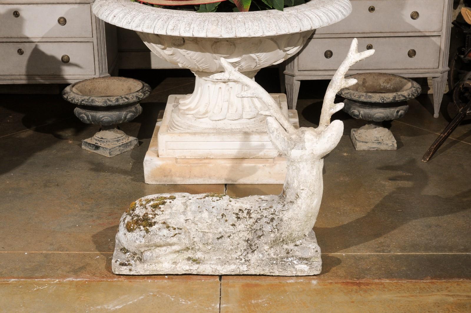 English 1920s Reconstituted Stone Reclining Stag Sculpture with Aged Patina 6