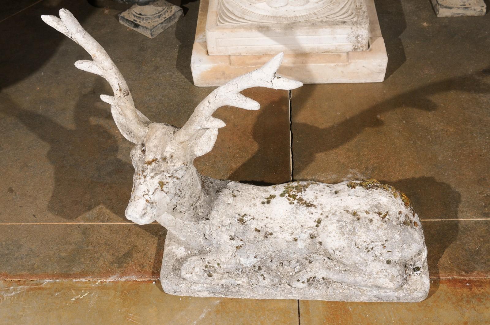 English 1920s Reconstituted Stone Reclining Stag Sculpture with Aged Patina 2
