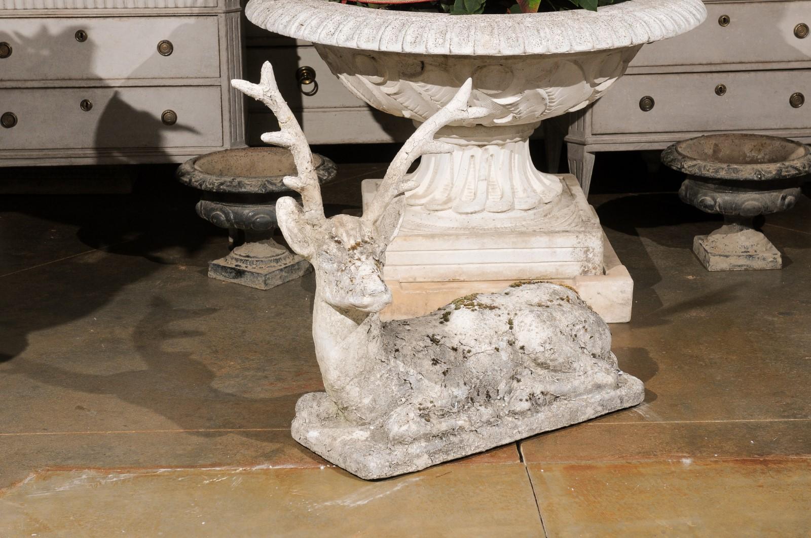English 1920s Reconstituted Stone Reclining Stag Sculpture with Aged Patina 3