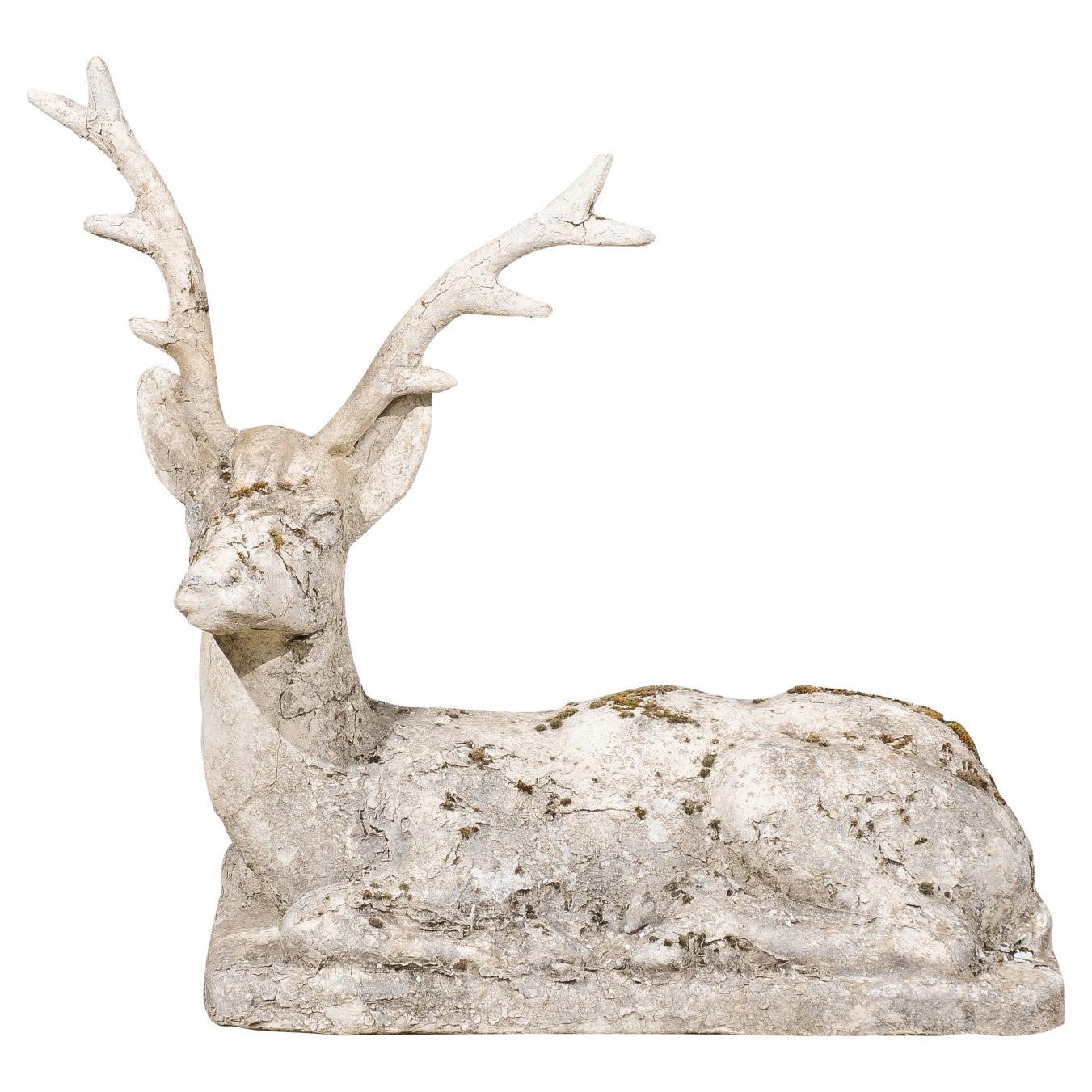 English 1920s Reconstituted Stone Reclining Stag Sculpture with Aged Patina