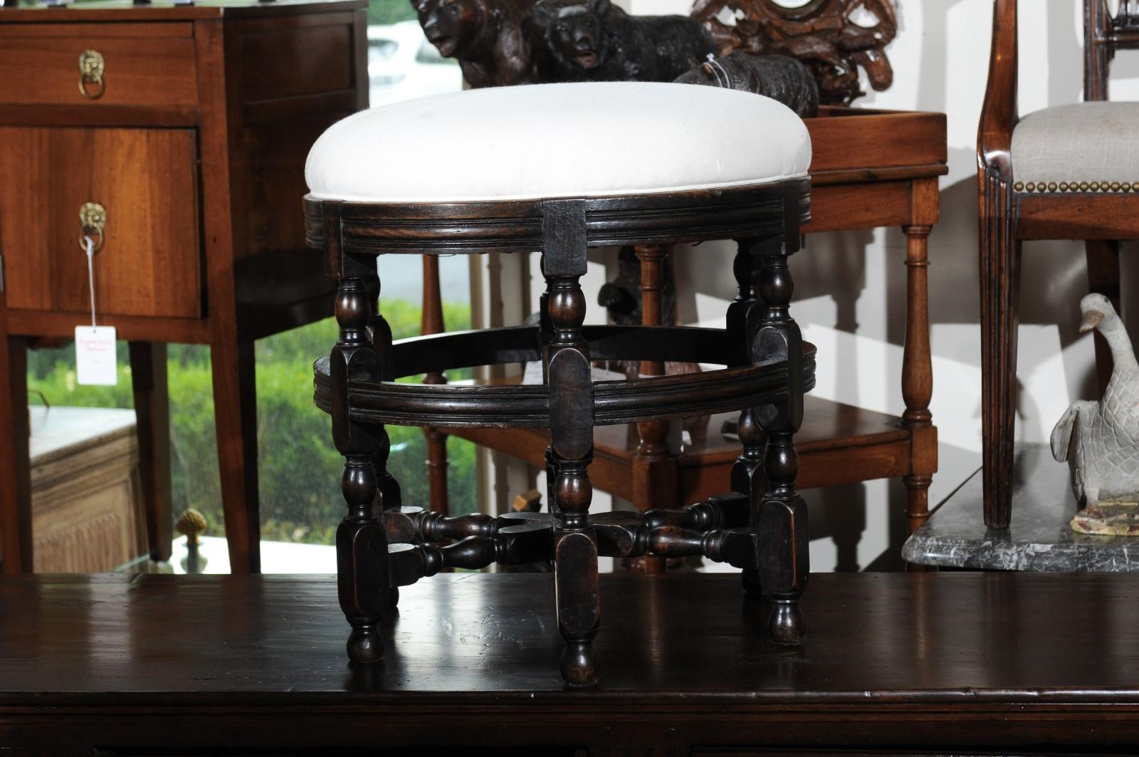 English, 1920s Round Oak Stool with Turned Legs, Dark Patina and New Upholstery 6