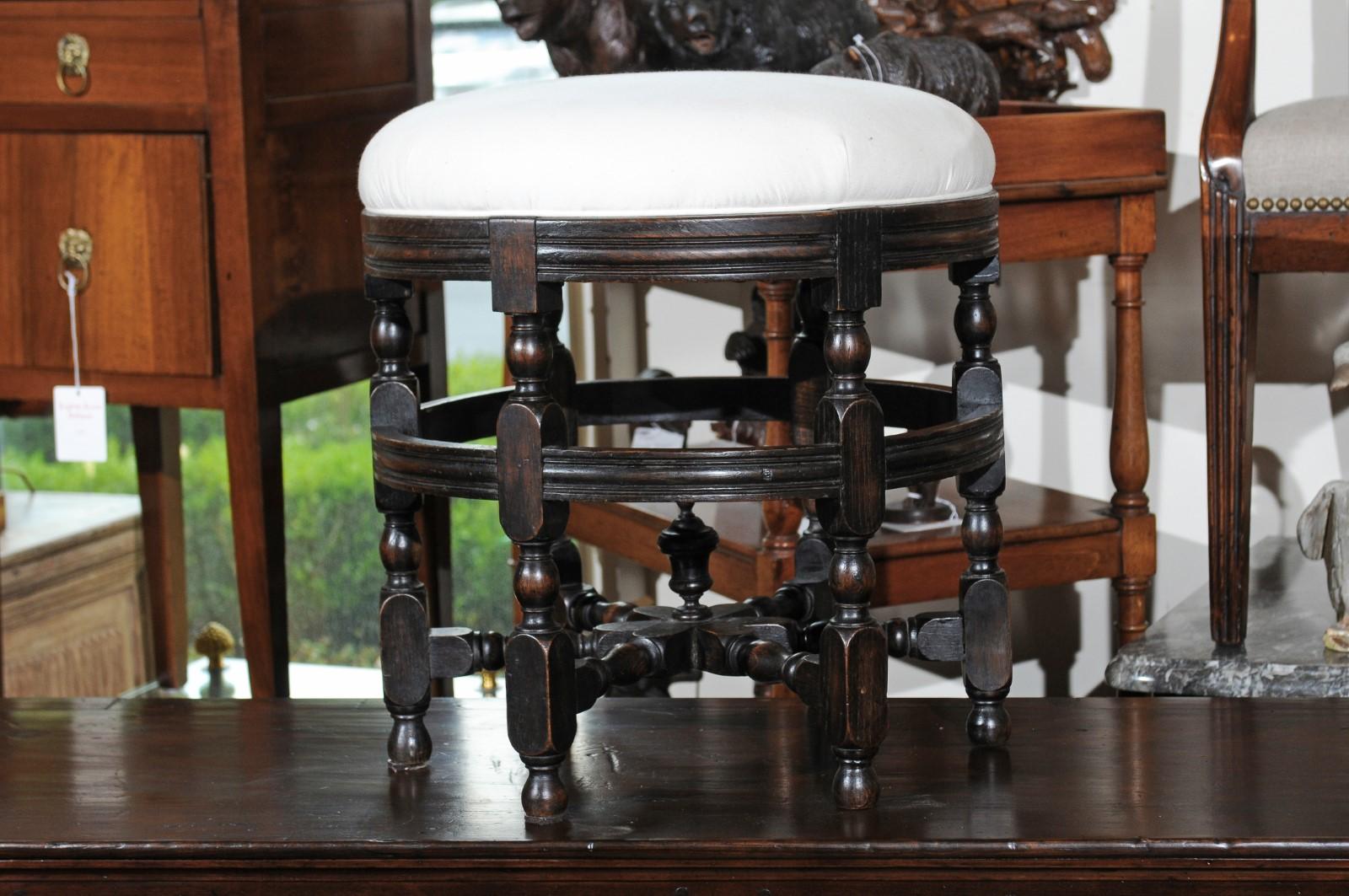 English, 1920s Round Oak Stool with Turned Legs, Dark Patina and New Upholstery 1