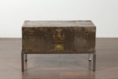 English 1920s Sarah Rackett Metal Trunk with Handles Mounted on New Custom Stand