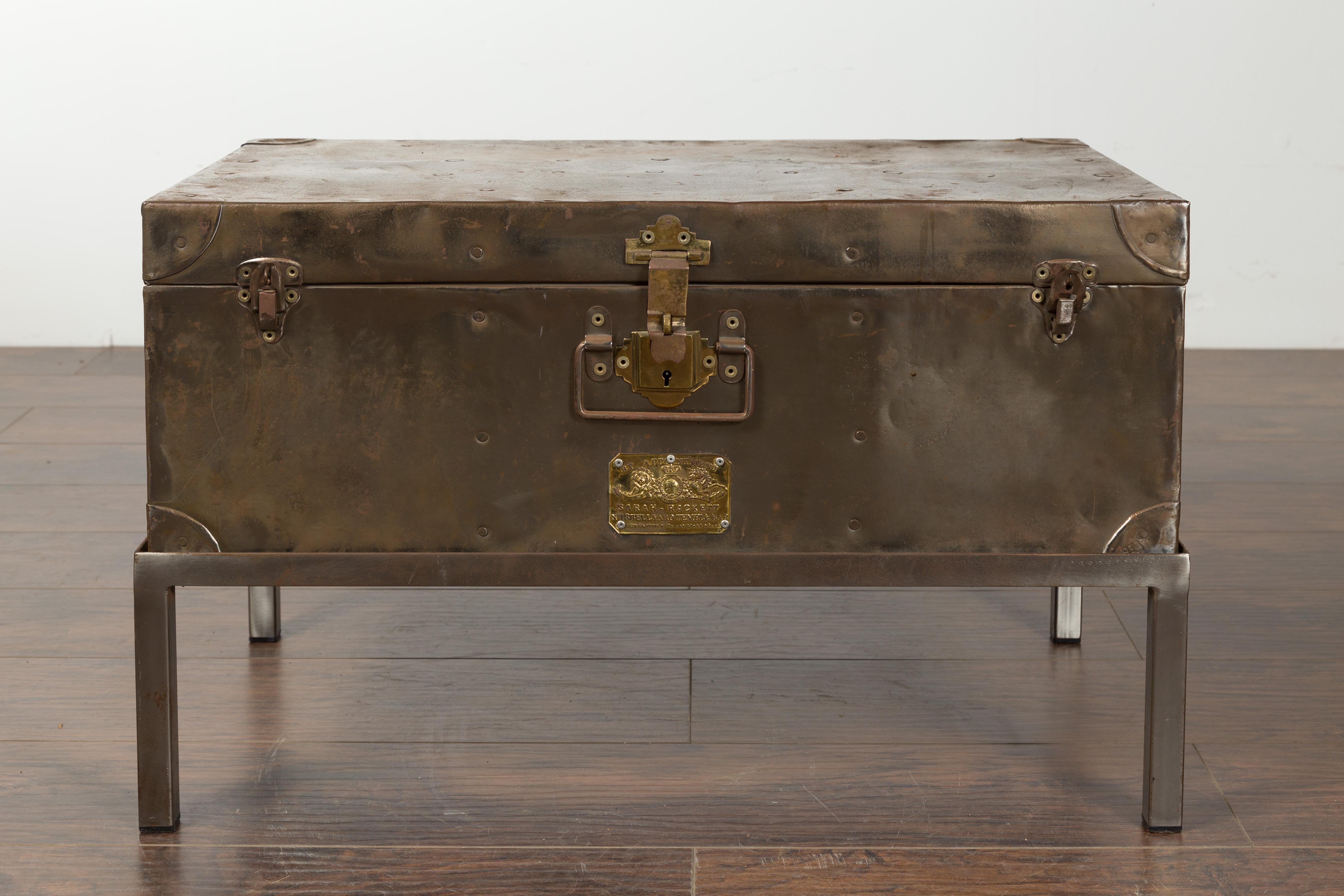 English 1920s Sarah Rackett Metal Trunk with Handles Mounted on New Custom Stand In Good Condition For Sale In Atlanta, GA
