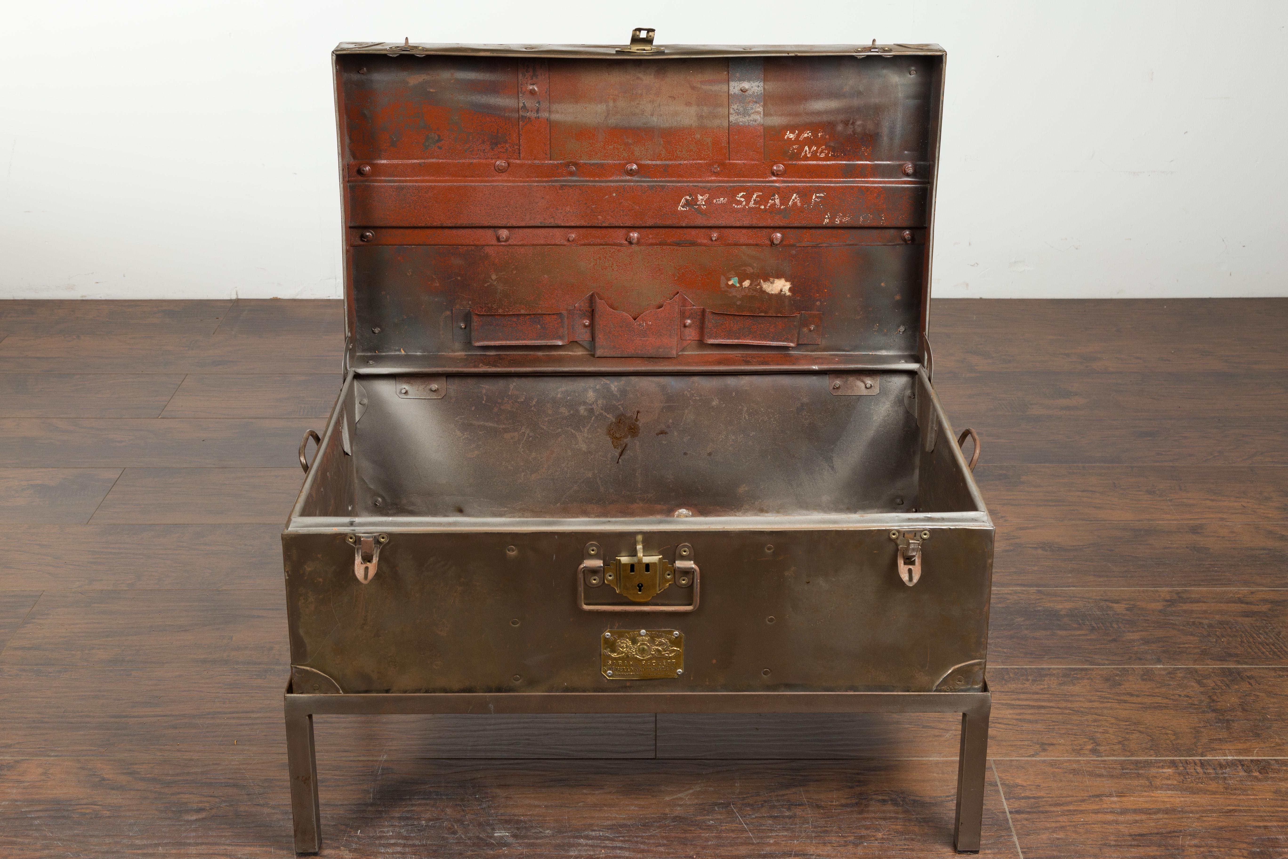 English 1920s Sarah Rackett Metal Trunk with Handles Mounted on New Custom Stand For Sale 1