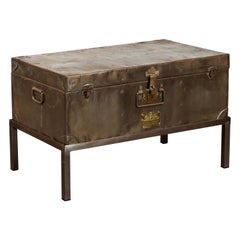 English 1920s Sarah Rackett Metal Trunk with Handles Mounted on New Custom Stand