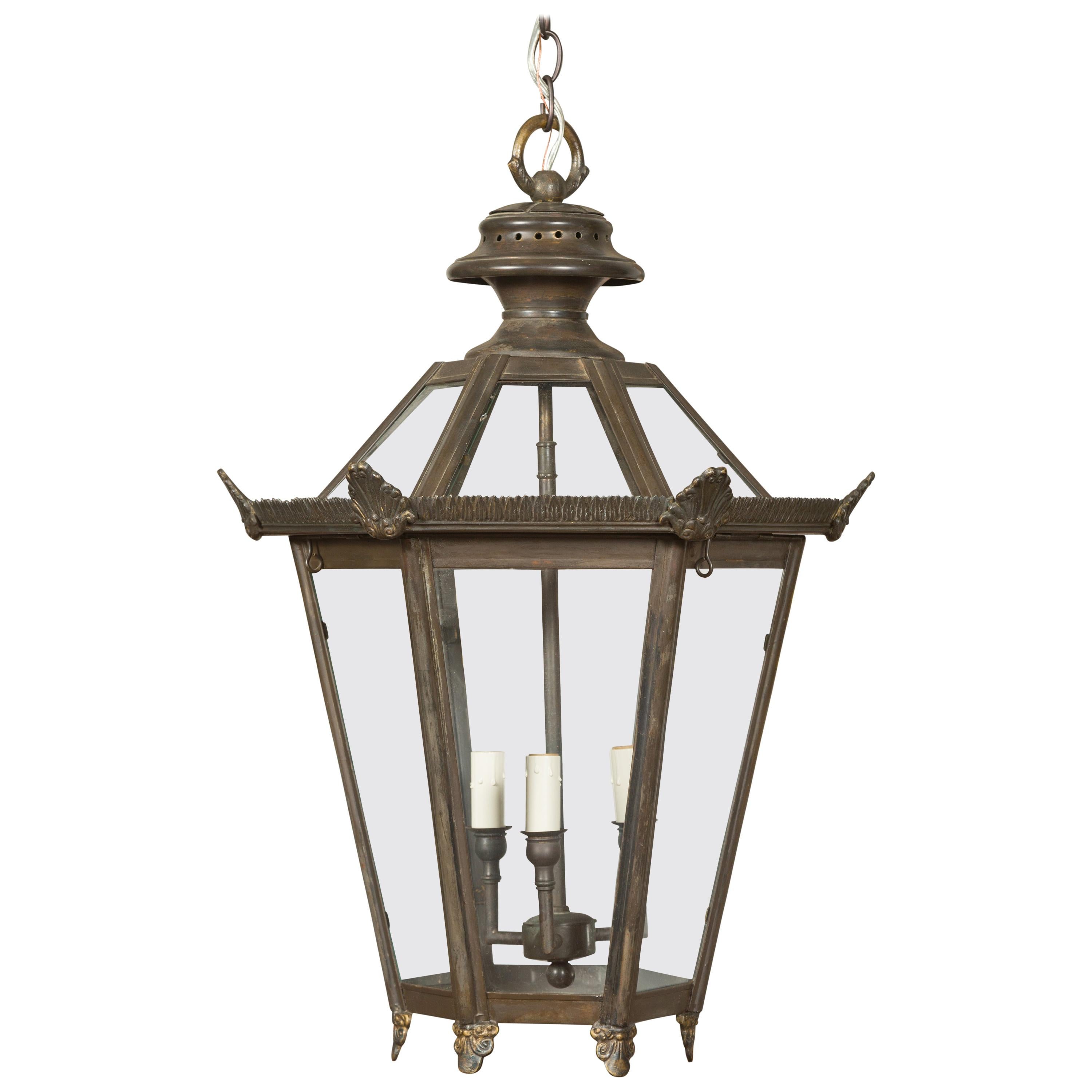English 1920s Three-Light Wired Bronze Lantern with Palmettes and Glass Panels