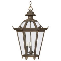 Antique English 1920s Three-Light Wired Bronze Lantern with Palmettes and Glass Panels