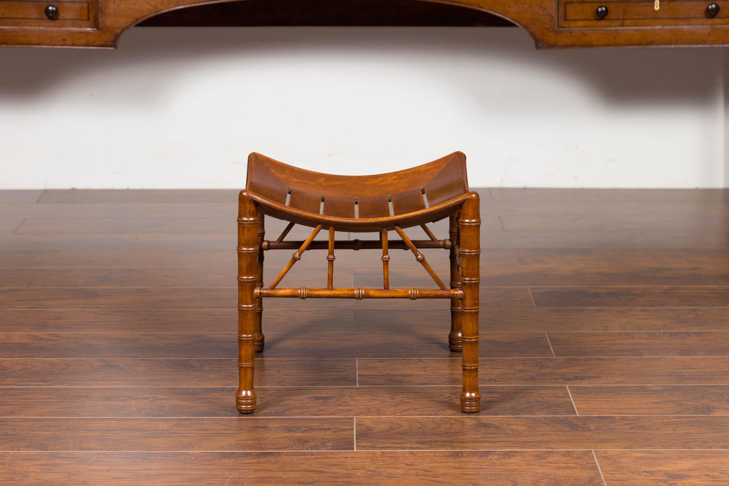 English 1920s Walnut Egyptian Revival Thebes Stool with Faux Bamboo Legs In Good Condition For Sale In Atlanta, GA