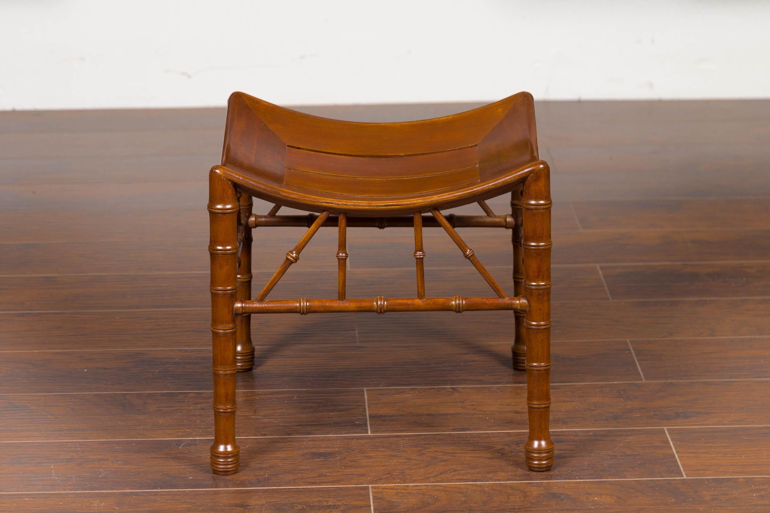 20th Century English 1920s Walnut Egyptian Revival Thebes Stool with Faux Bamboo Legs For Sale